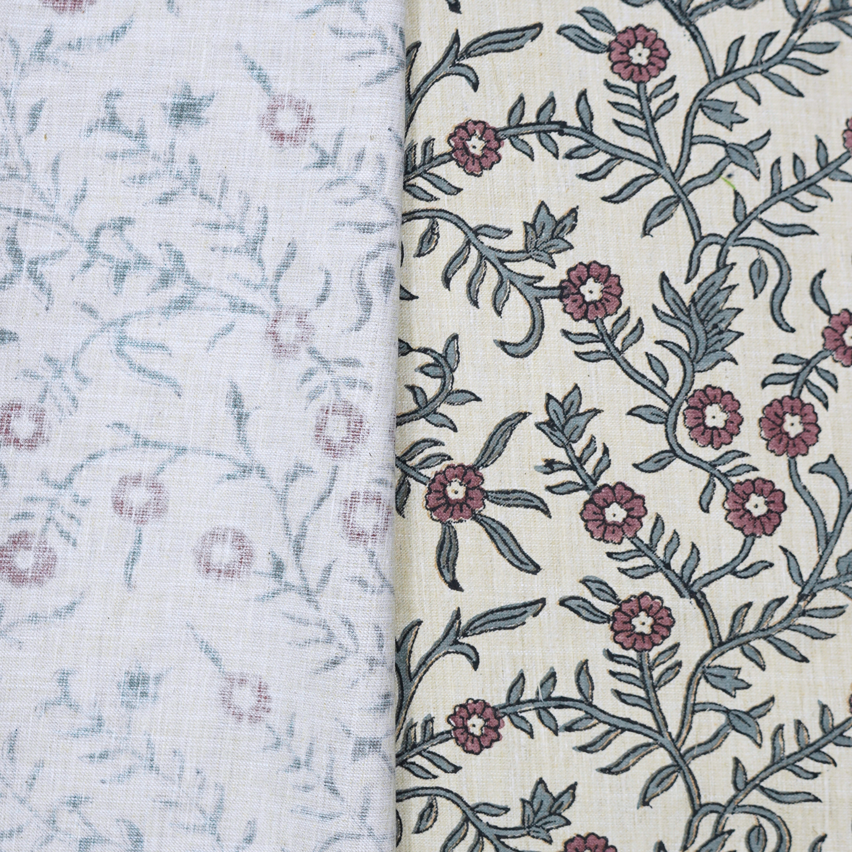 Pink Floral Linen Blend Fabric Hand Block Printed Shehjan Boho Design