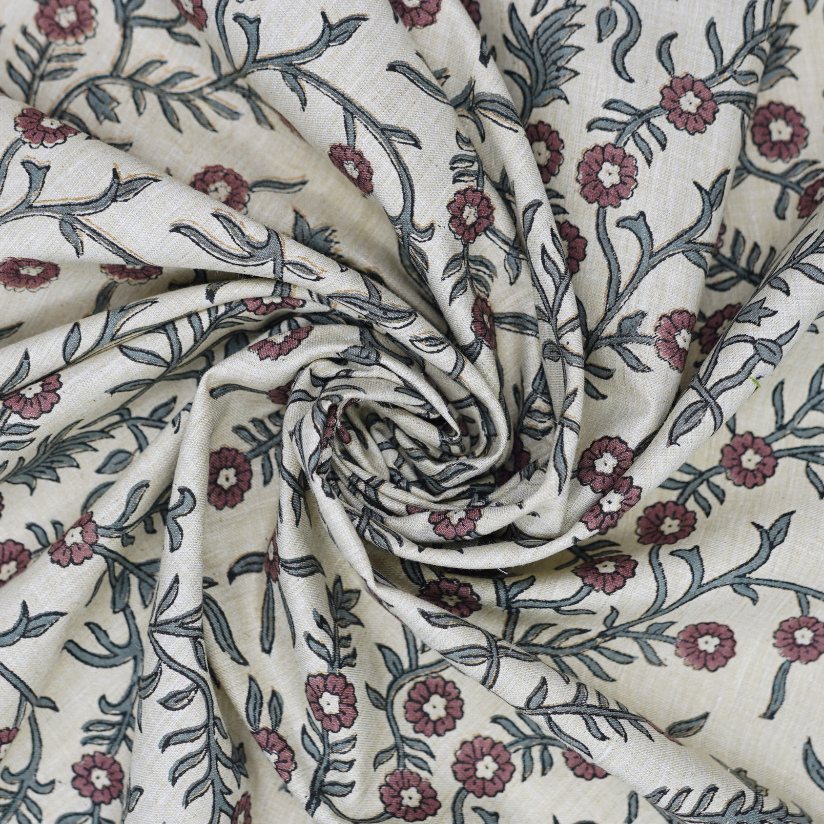 Pink Floral Linen Blend Fabric Hand Block Printed Shehjan Boho Design