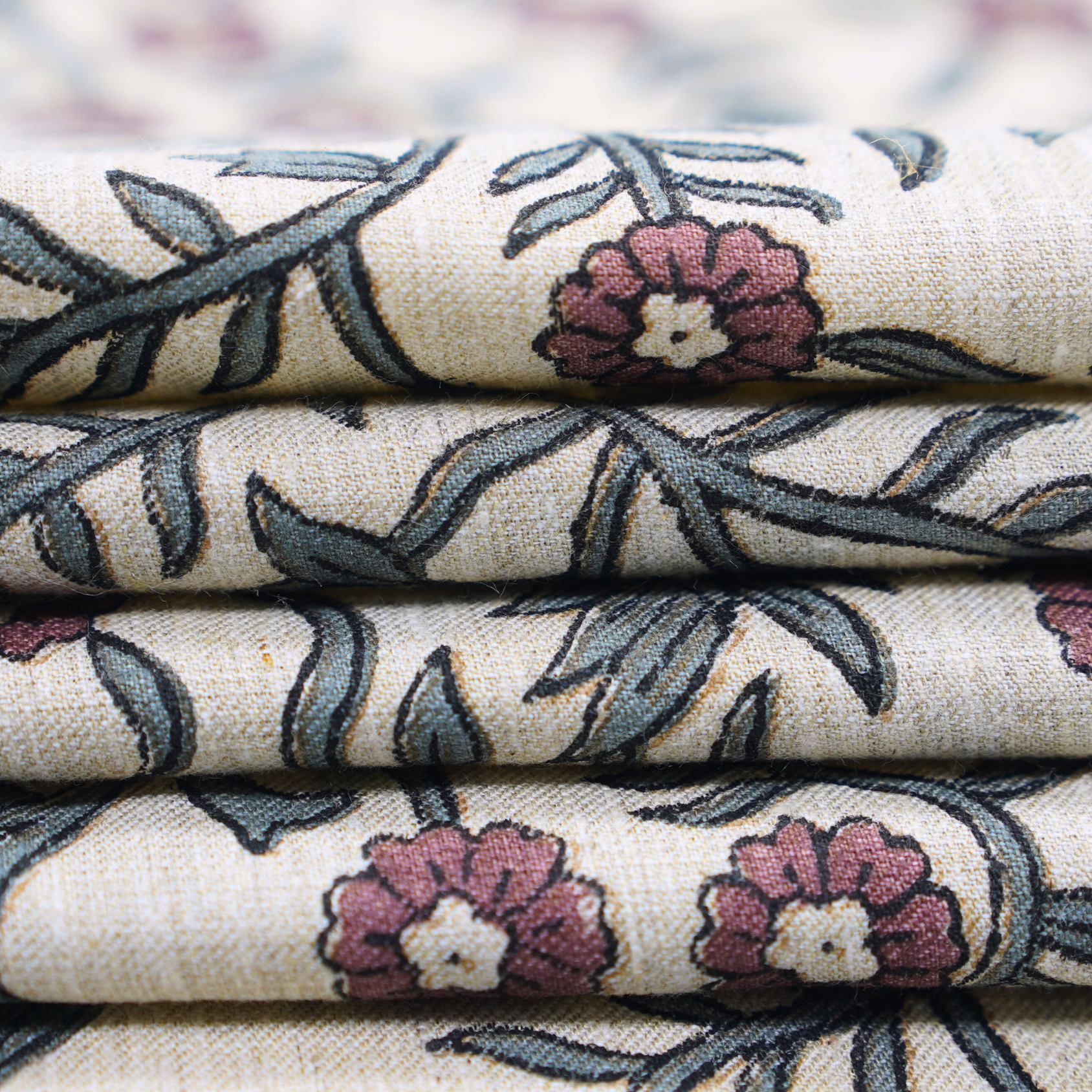 Pink Floral Linen Blend Fabric Hand Block Printed Shehjan Boho Design