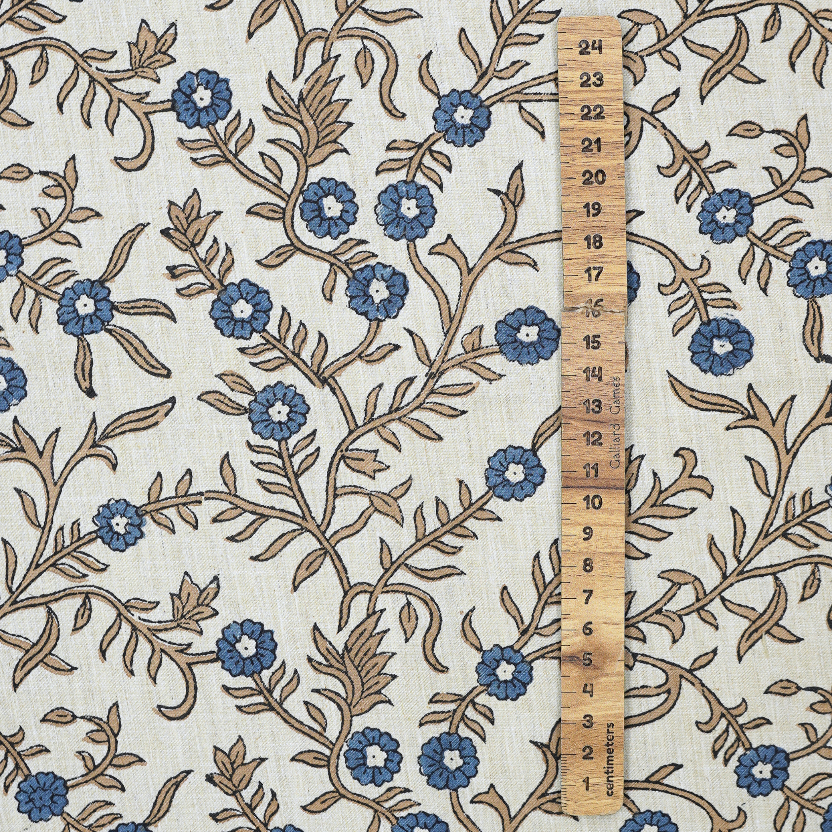 Handblock Printed Blue Floral Fabric Shehjan Design on Soft Linen Blend