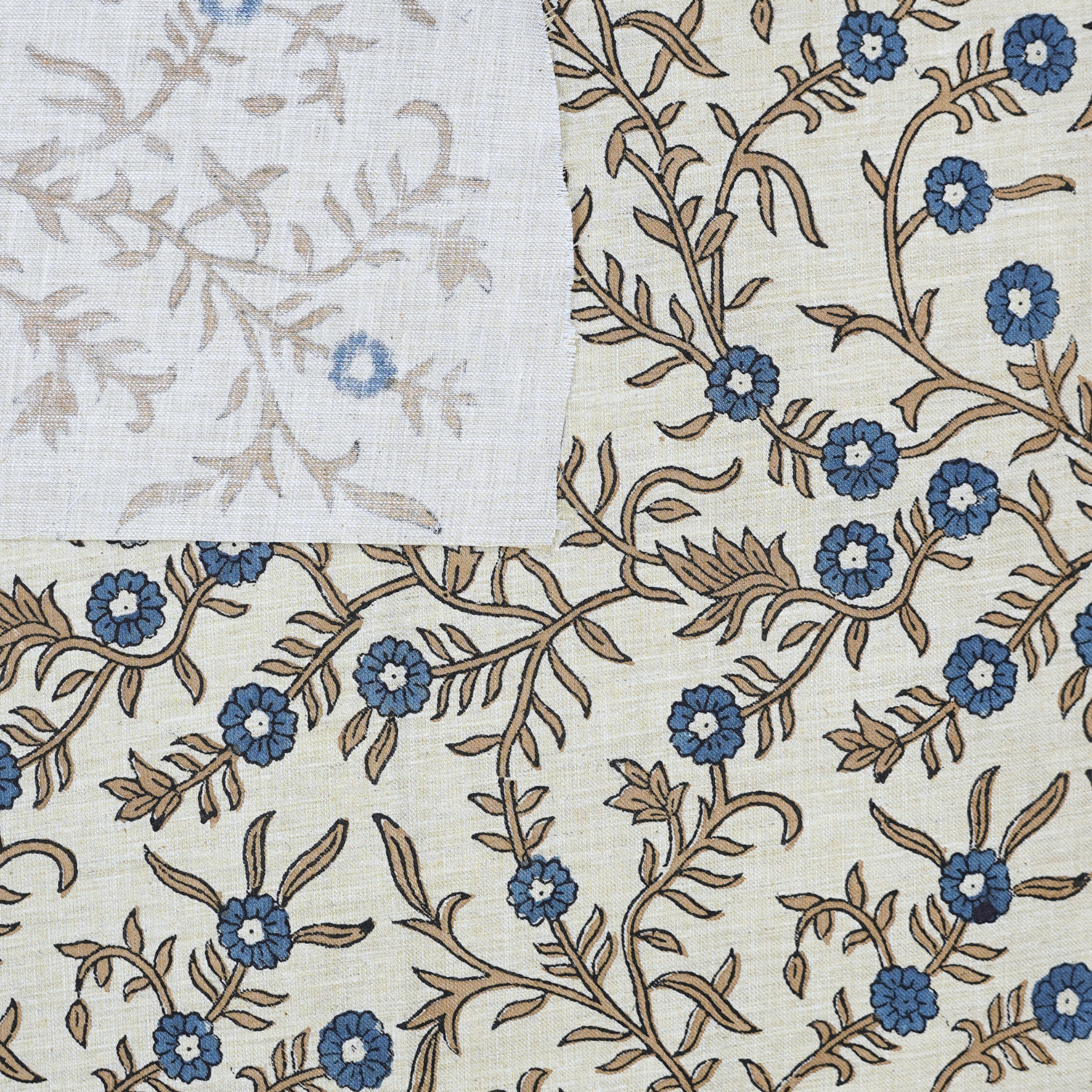 Handblock Printed Blue Floral Fabric Shehjan Design on Soft Linen Blend