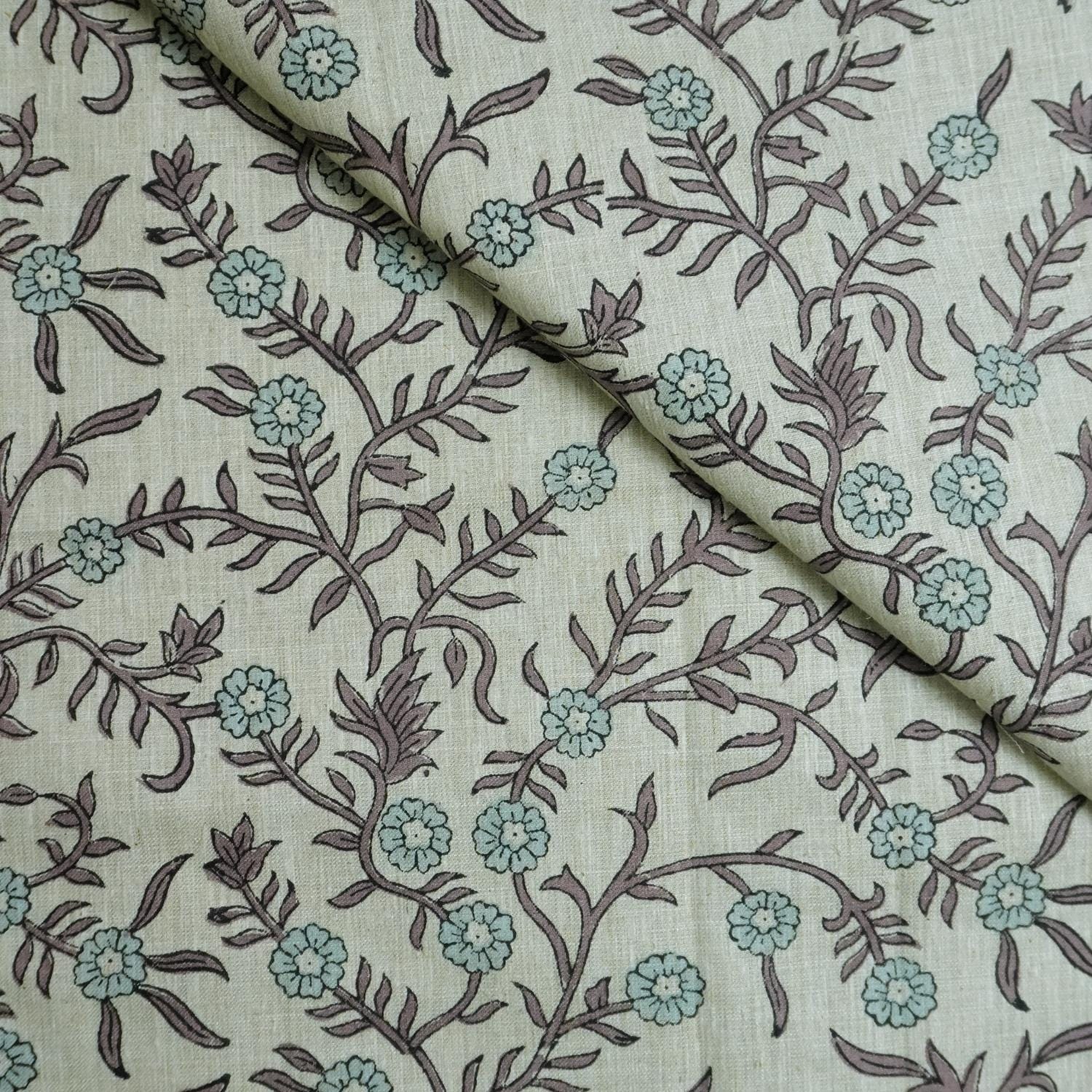 HANDMADE BLOCK PRINTED DECORATIVE LINEN FLORAL CUSHION AND DRAPERY CURTAIN FABRIC - SEHJAN