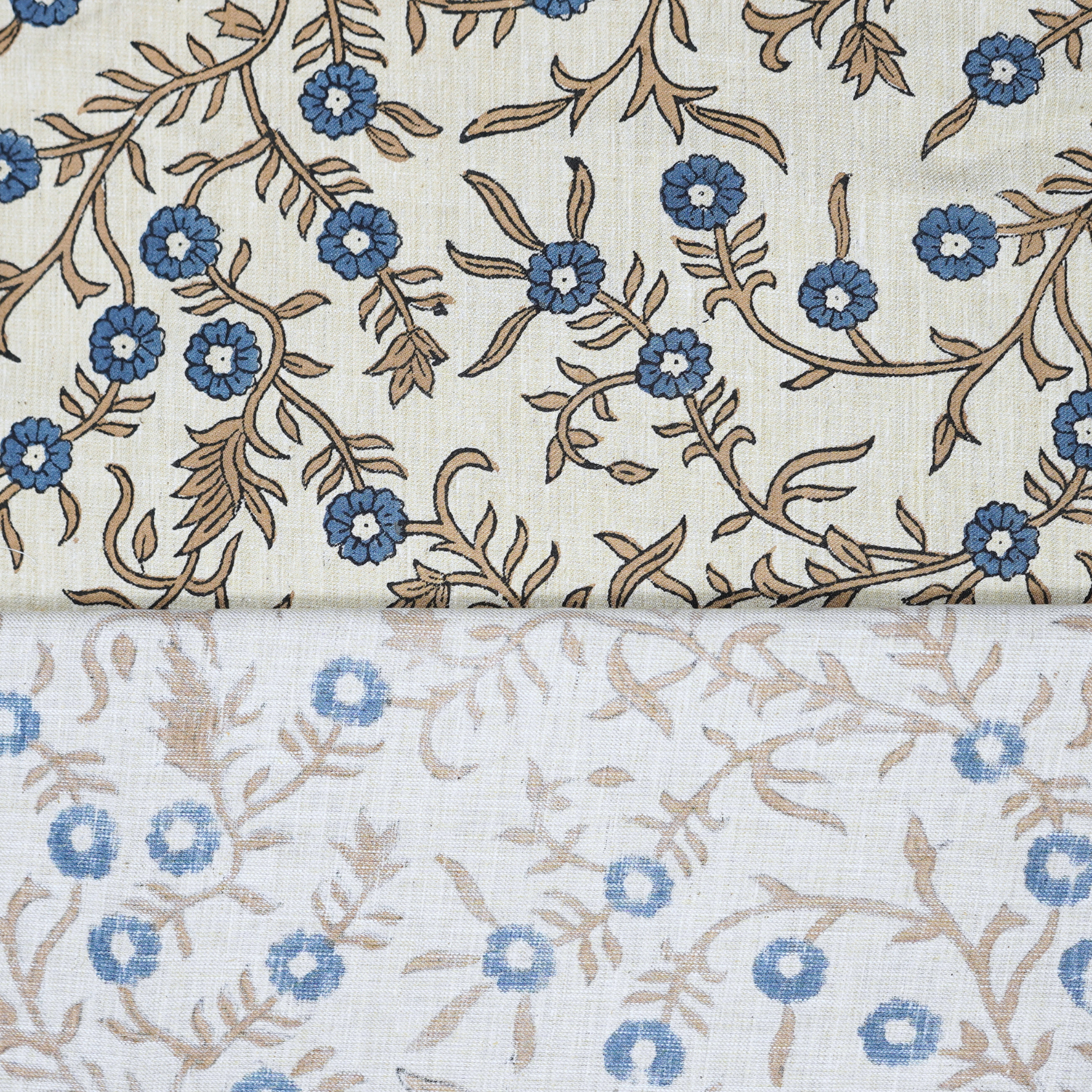 Handblock Printed Blue Floral Fabric Shehjan Design on Soft Linen Blend