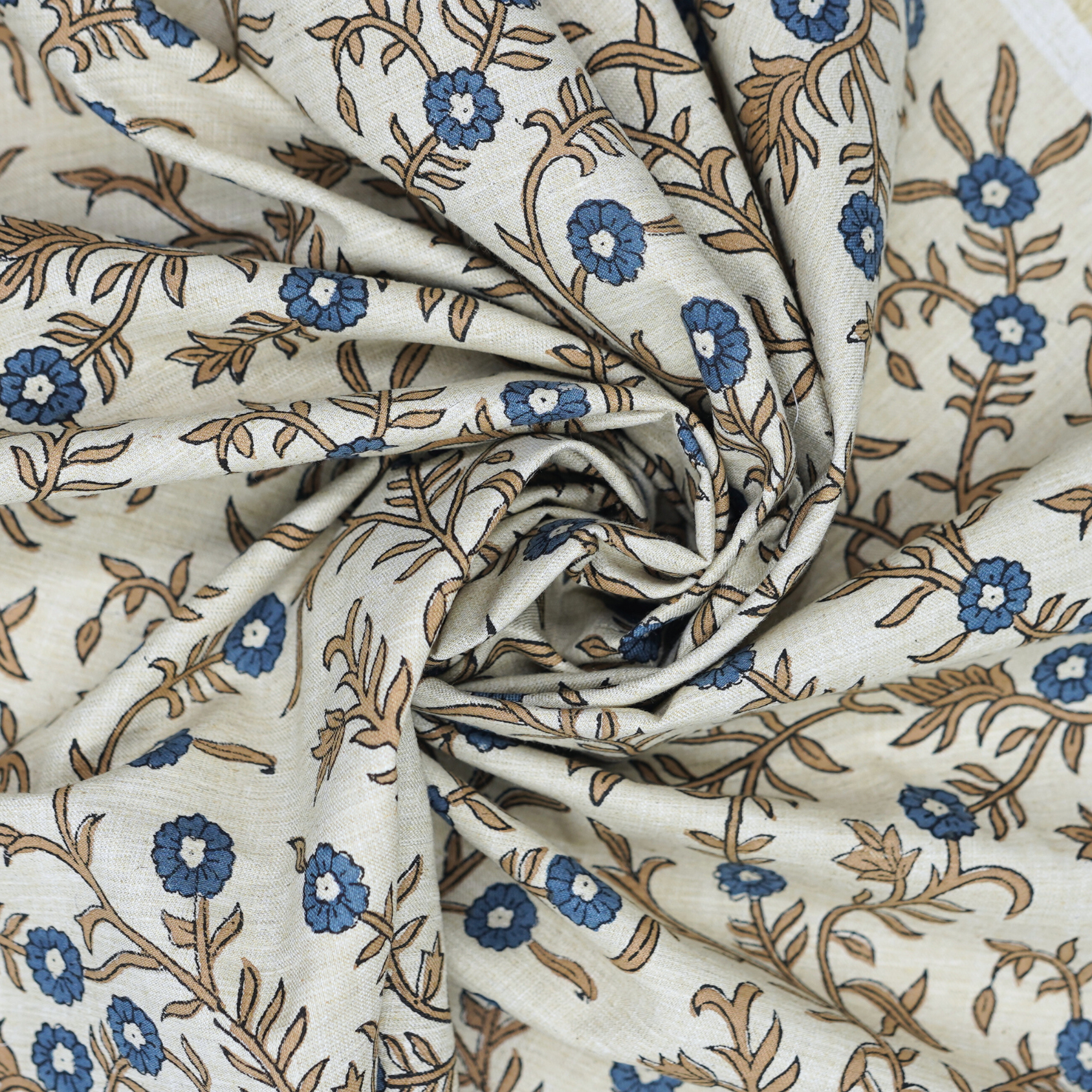 Handblock Printed Blue Floral Fabric Shehjan Design on Soft Linen Blend