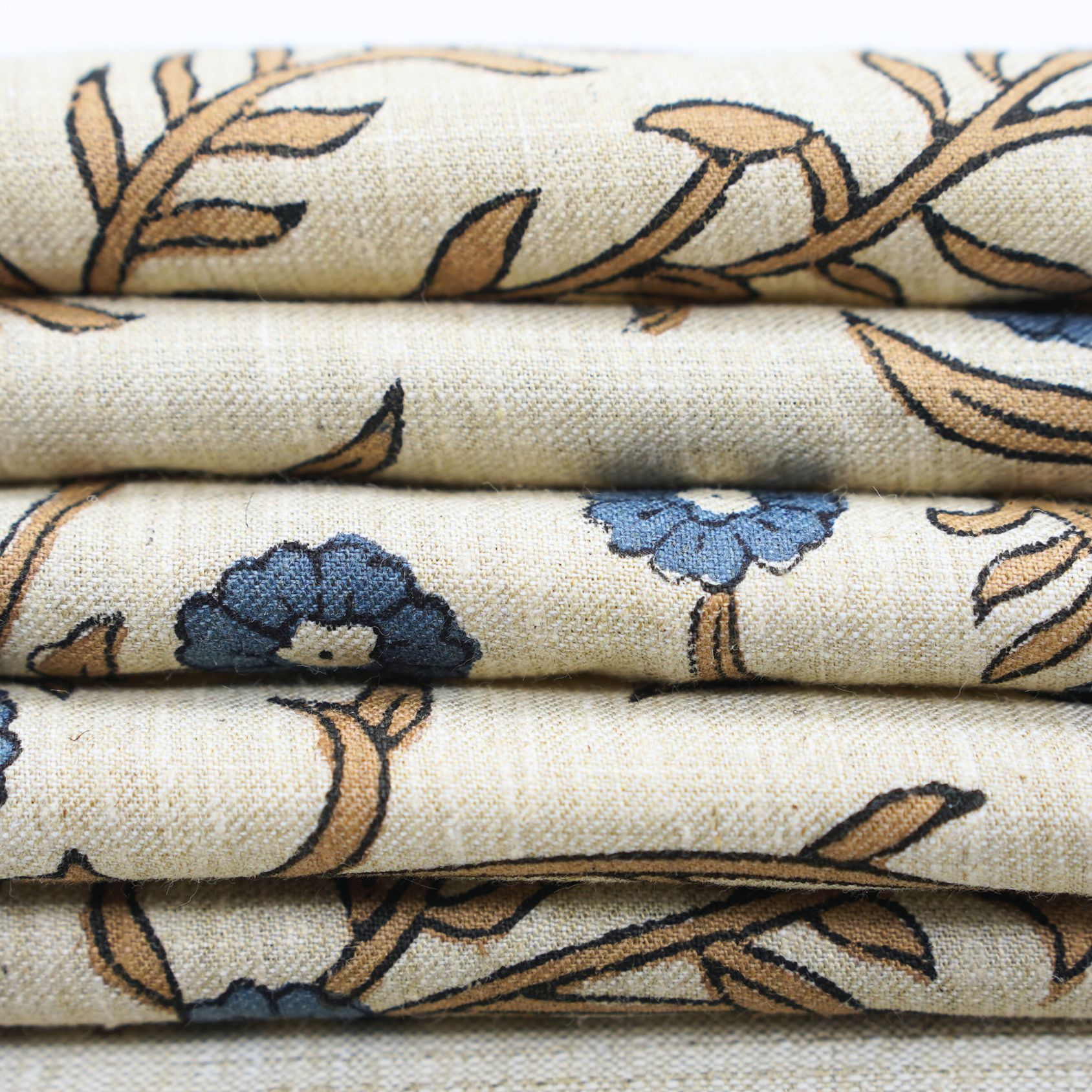 Handblock Printed Blue Floral Fabric Shehjan Design on Soft Linen Blend