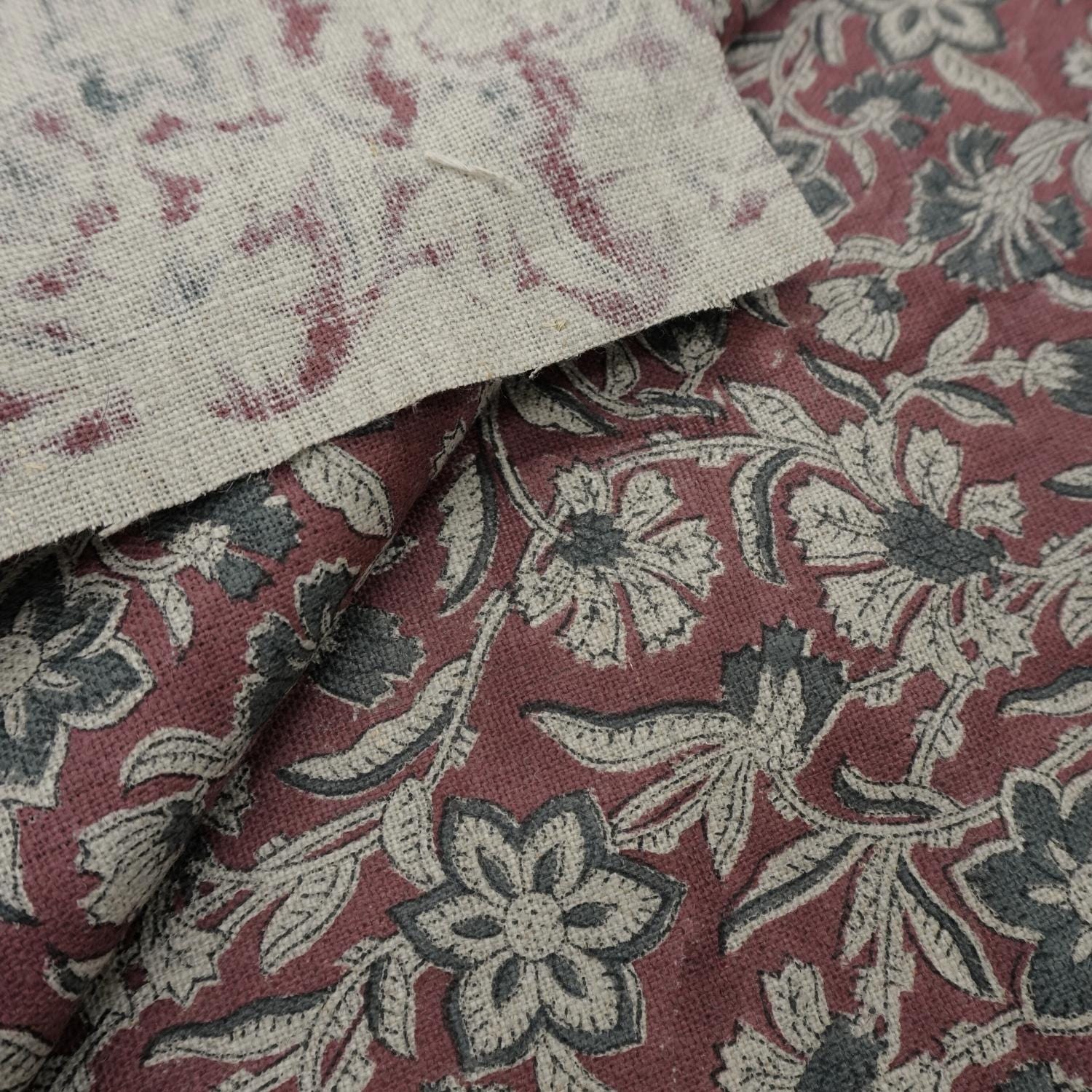 Linen Block Print Fabric 58 Inch Width Heavy Weight Linen Natural Base Color Handmade Creative Design To Make Upholstery Pillow Covers Tablecloths and Runners Lampshades Napkins by Fabritual