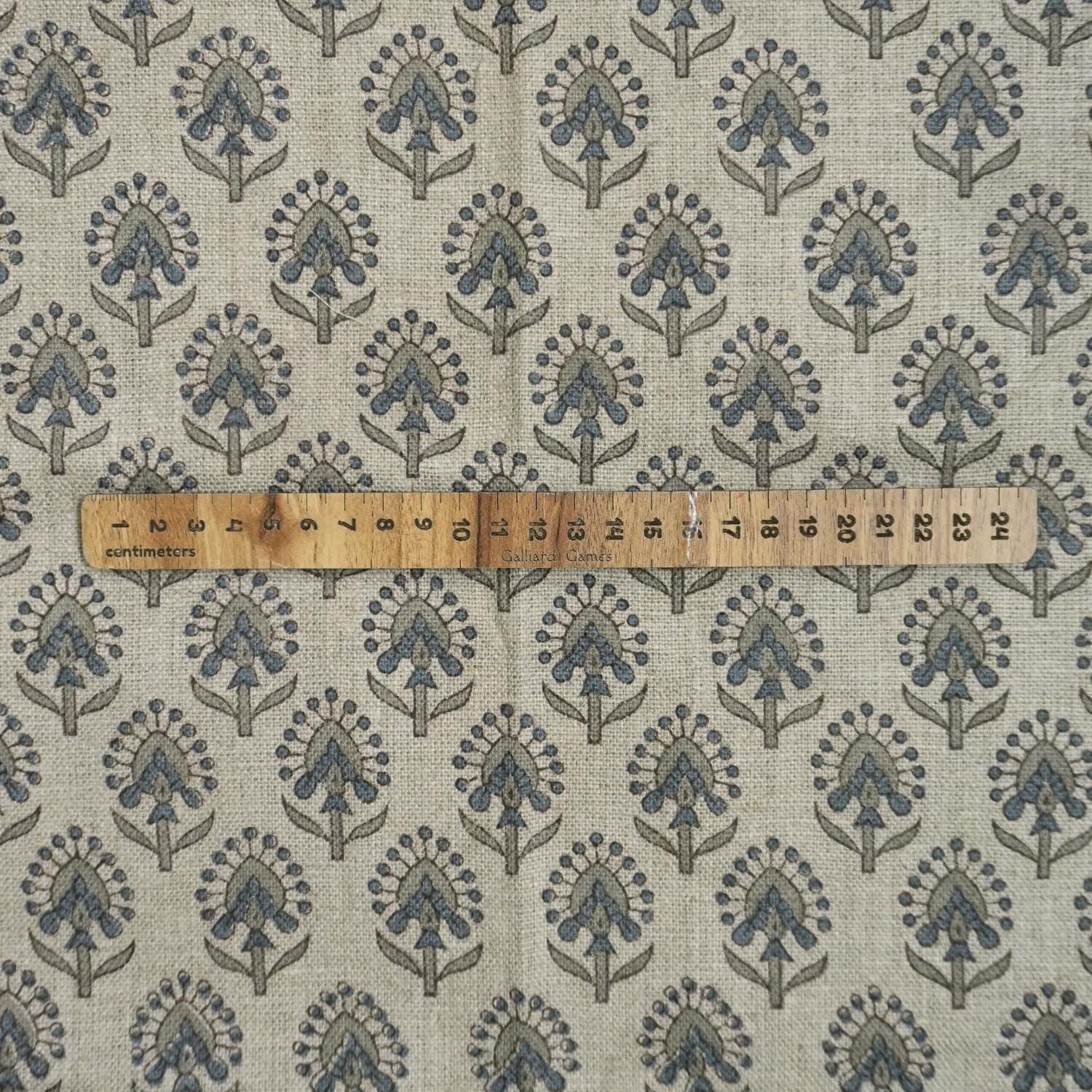 Classic Artisan Linen Fabric with Block Print – 58” Wide Natural Base, Organic-Look 58” Linen Fabric with Print for Upholstered Chairs and Sofas.