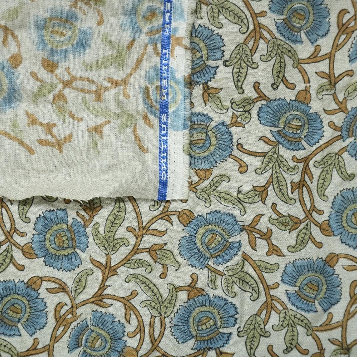 Linen Block Print Fabric 58 Inch Width Medium Weight Linen Natural Base Color Curtains and Drapes Upholstery Handmade Art Pillow Covers Tablecloths and Runners Bedding Tote Bag Lampshades by Fabritual