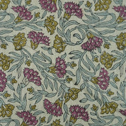 BLOCK PRINT FABRIC FOR TABLE CLOTH GREEN FLORAL HOME DECOR LINEN BLEND NATURAL - THORNY STEMS