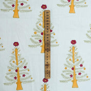 HAND BLOCK PRINT THICK COTTON WHITE FLORAL YELLOW CURTAIN AND PILLOWS FABRIC - CHRISTMAS TREE