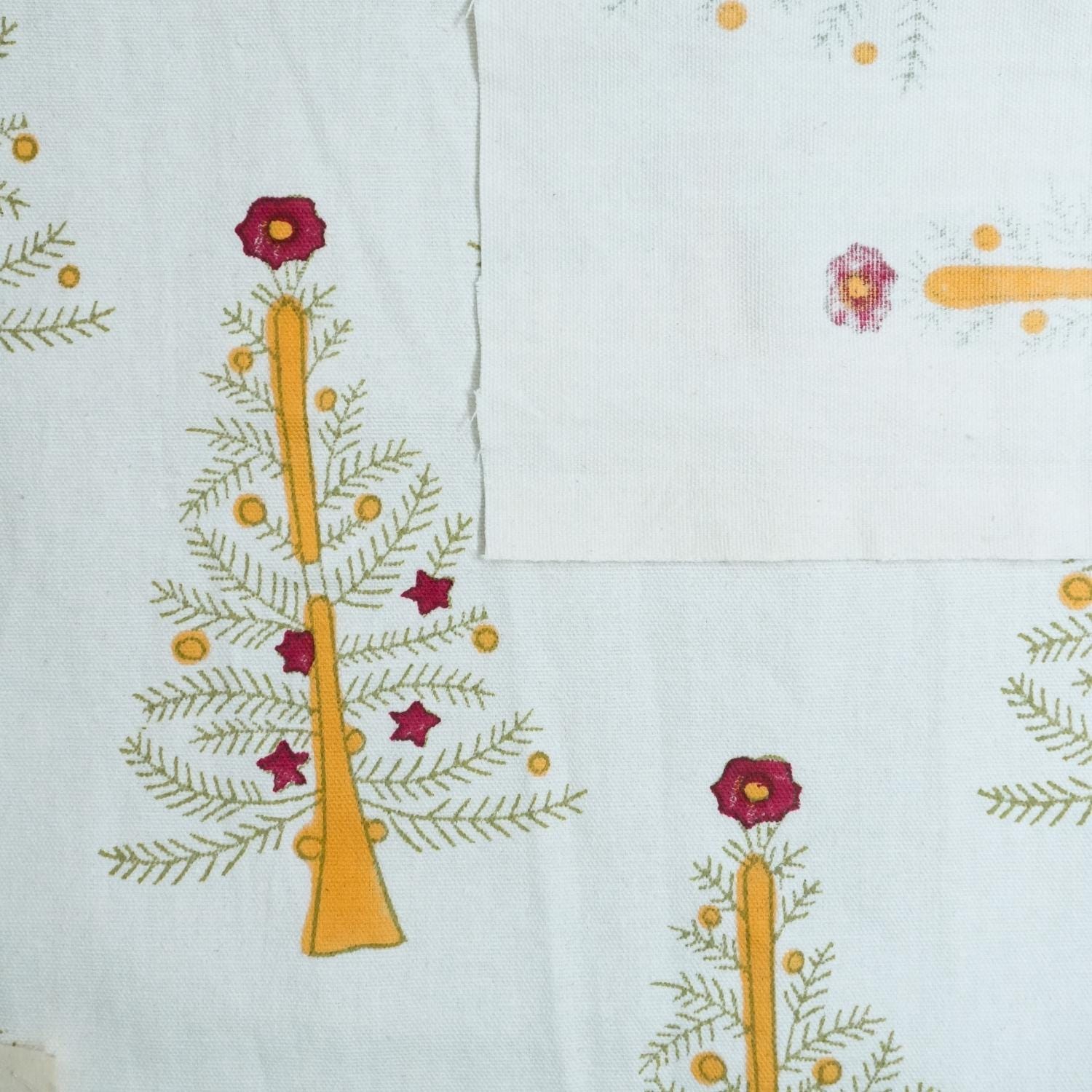 HAND BLOCK PRINT THICK COTTON WHITE FLORAL YELLOW CURTAIN AND PILLOWS FABRIC - CHRISTMAS TREE