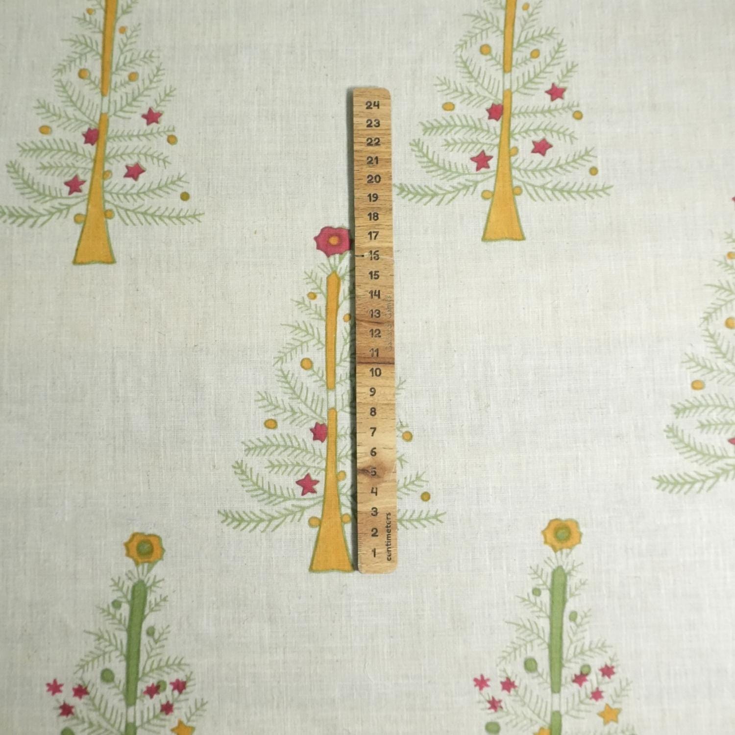 BLOCK PRINTED LINEN BLEND PINK AND GREEN FLORAL HANDMADE DECORATIVE CUSHION FABRIC - CHRISTMAS TREE