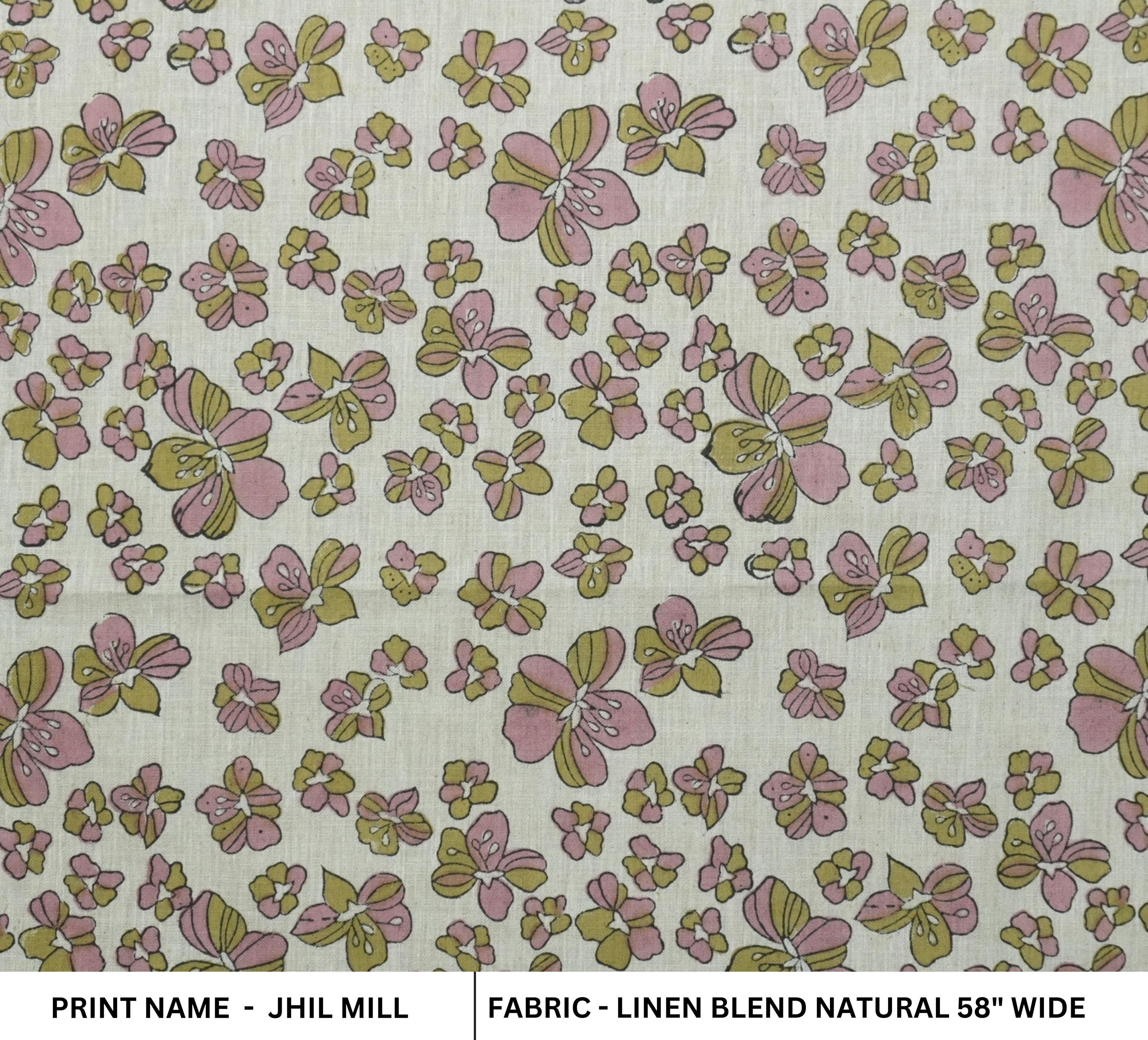 DECORATIVE LINEN BLEND FLORAL FABRIC HAND BLOCK PRINT DRAPERY LINEN AND WINDOW CURTAINS - JILL MIL