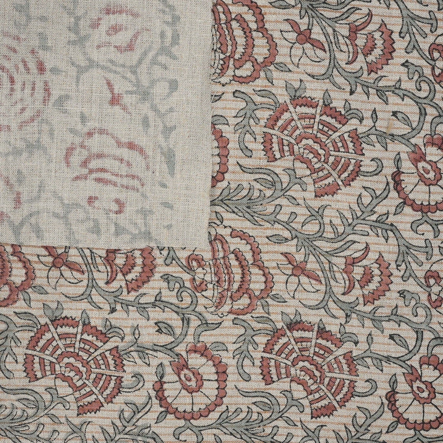 Blockprinted Handmade Red Floral Boho Pure Linen Fabric Elegant - Sonakshi