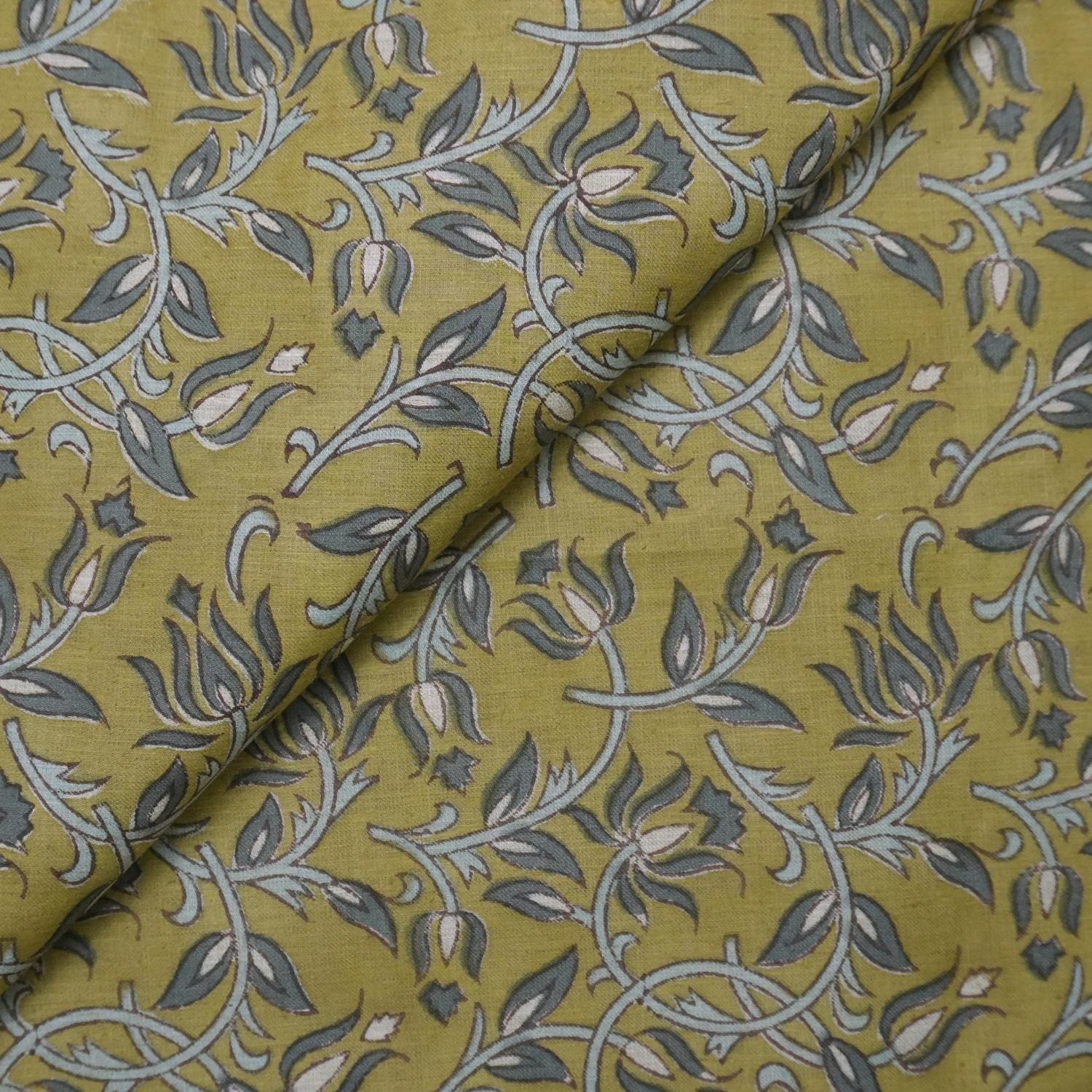 BLOCK PRINTED HANDMADE LINEN BLEND FLORAL FABRIC FOR COUCH AND SOFA CUSHIONS - KAMAL DUTTA