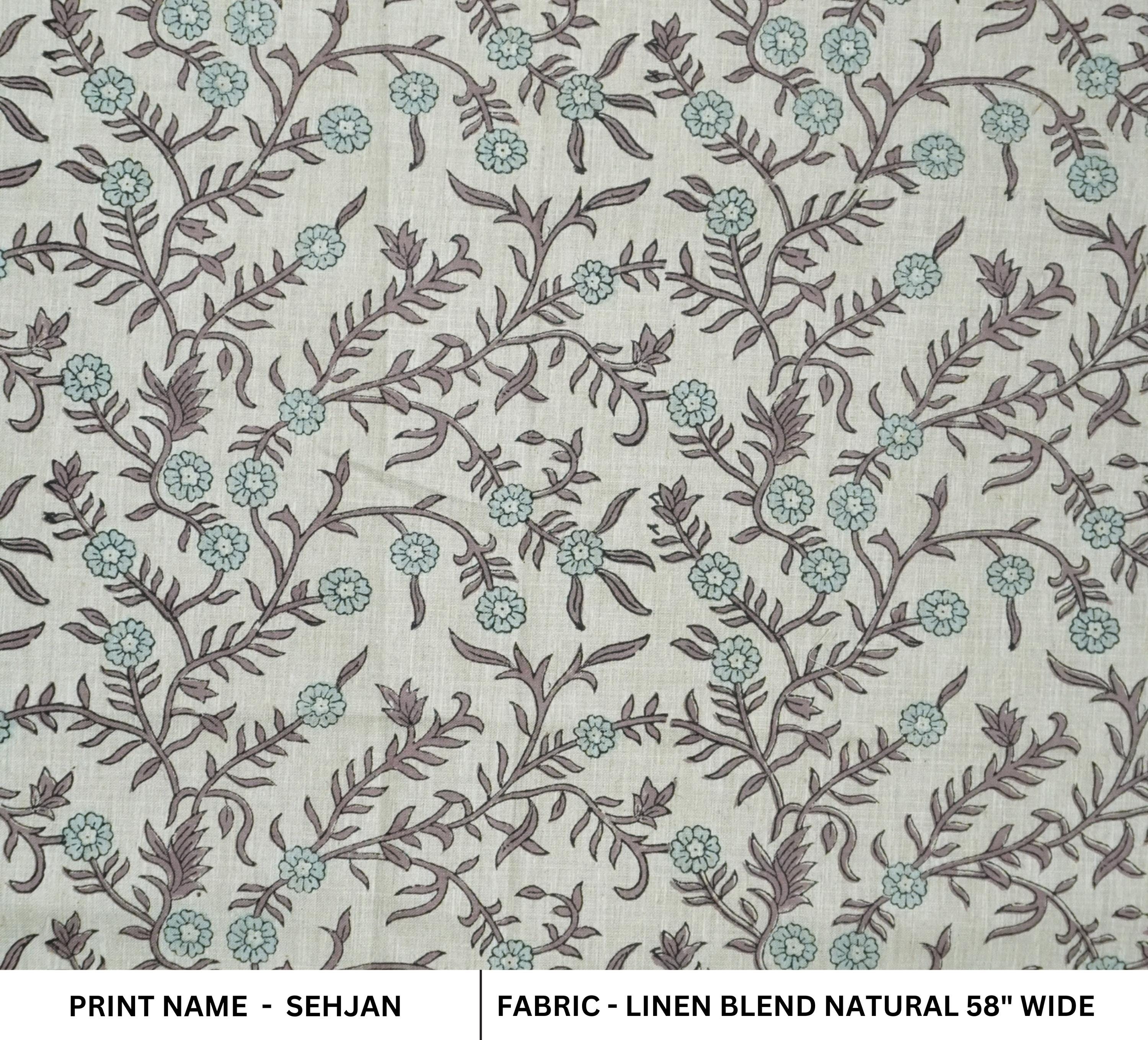 HANDMADE BLOCK PRINTED DECORATIVE LINEN FLORAL CUSHION AND DRAPERY CURTAIN FABRIC - SEHJAN
