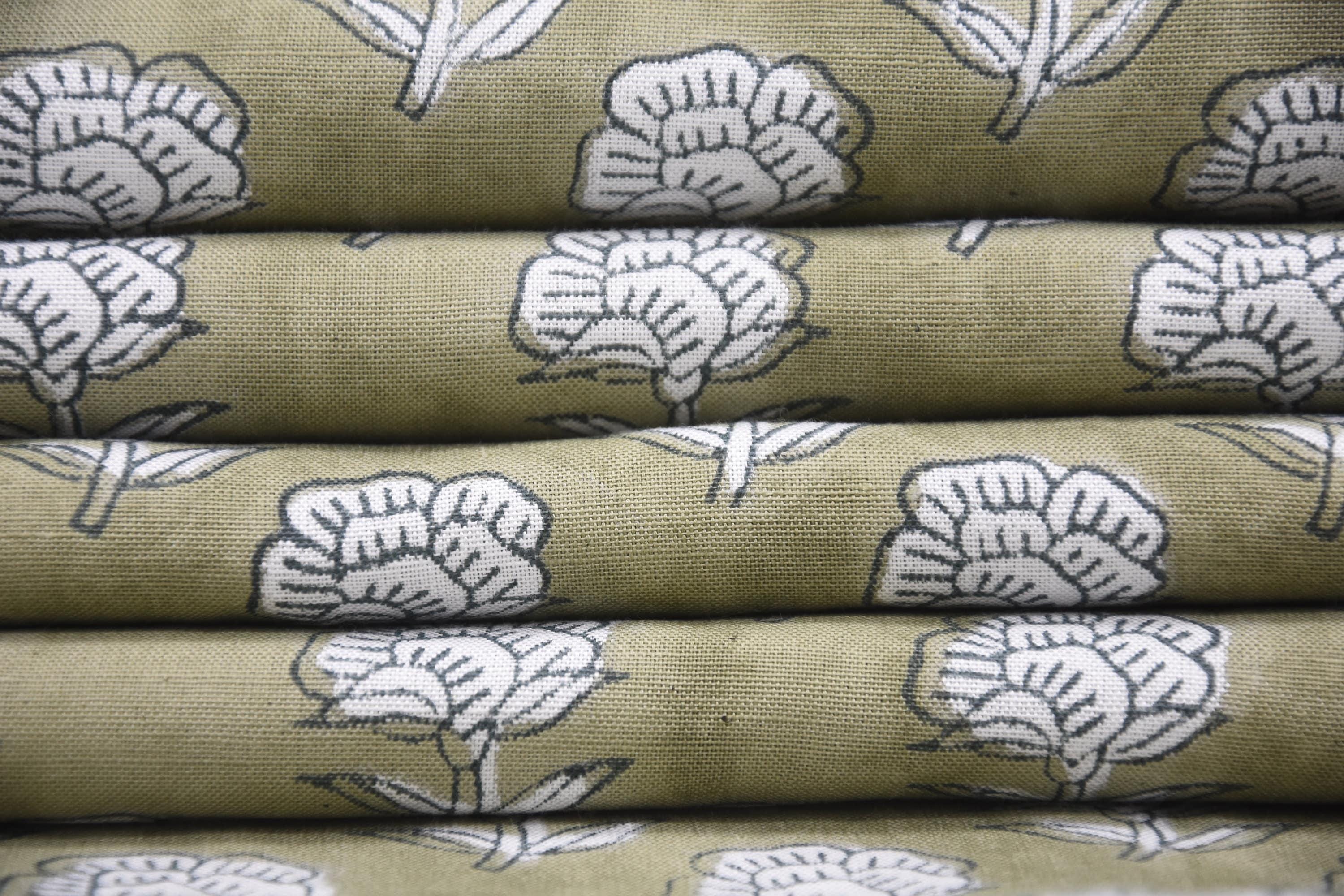 Indian Block Printed Handmade Viscose Linen 58" Wide Sage Green Floral Fabric for Sofa Covers – Rohini