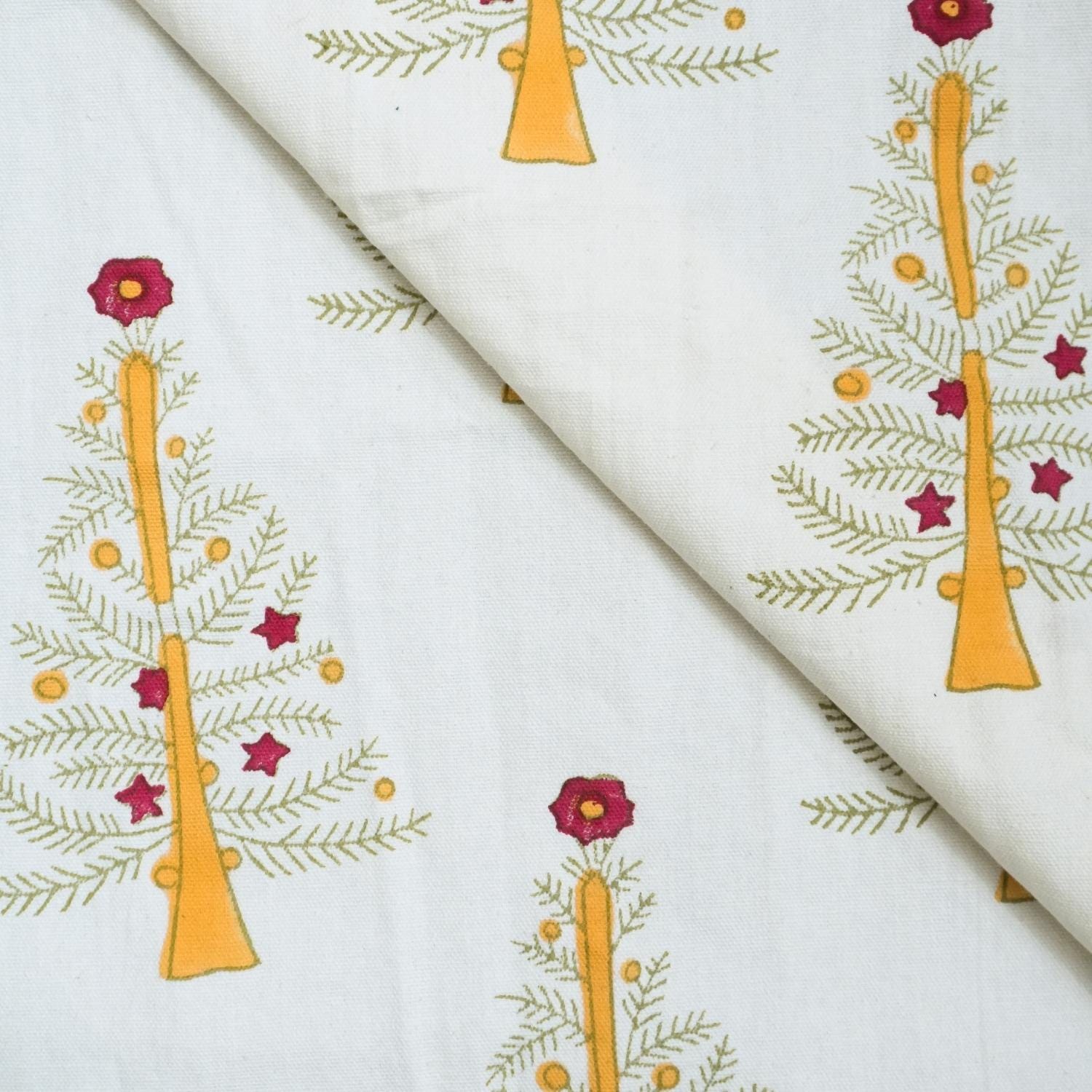 HAND BLOCK PRINT THICK COTTON WHITE FLORAL YELLOW CURTAIN AND PILLOWS FABRIC - CHRISTMAS TREE