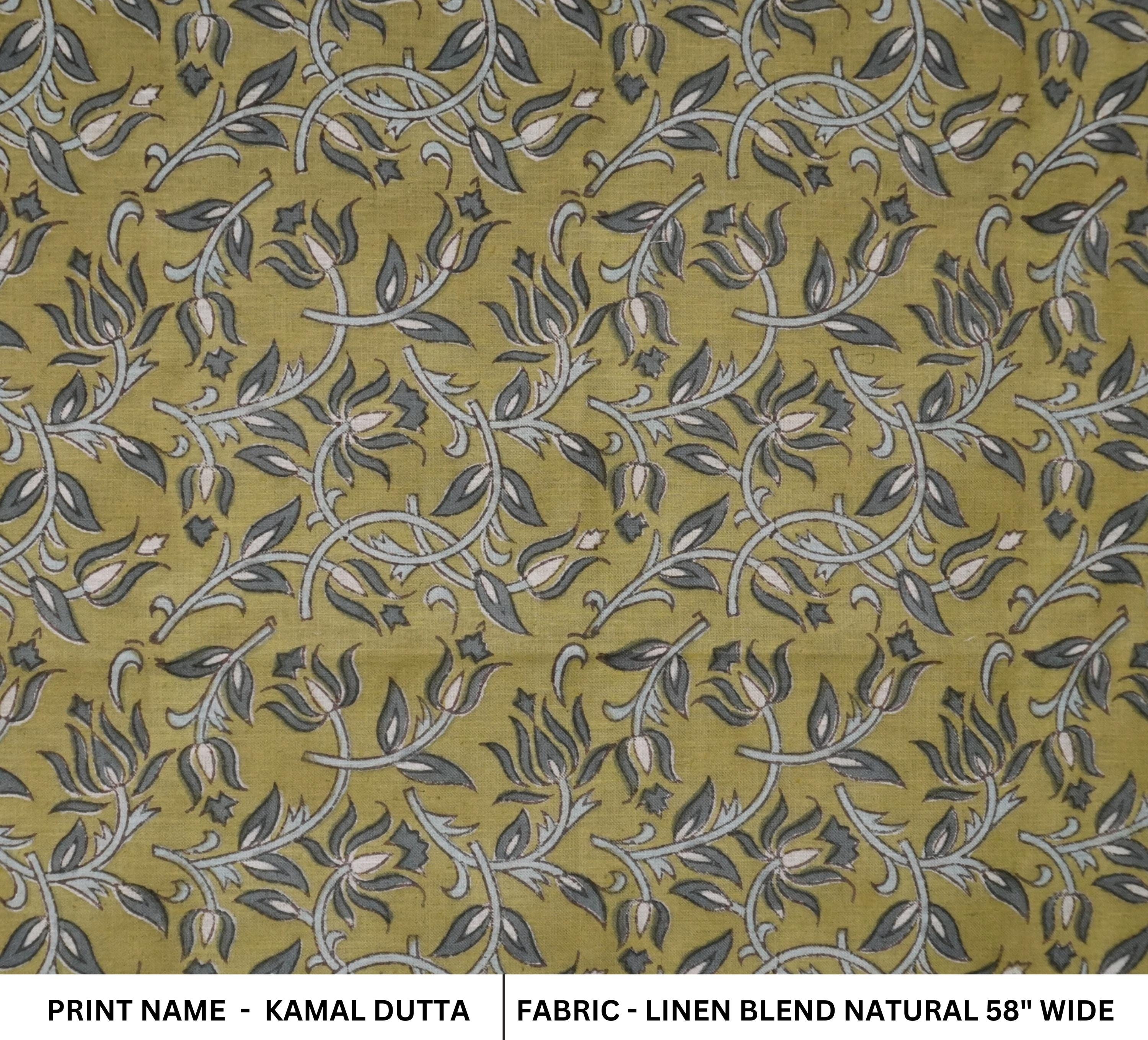 BLOCK PRINTED HANDMADE LINEN BLEND FLORAL FABRIC FOR COUCH AND SOFA CUSHIONS - KAMAL DUTTA