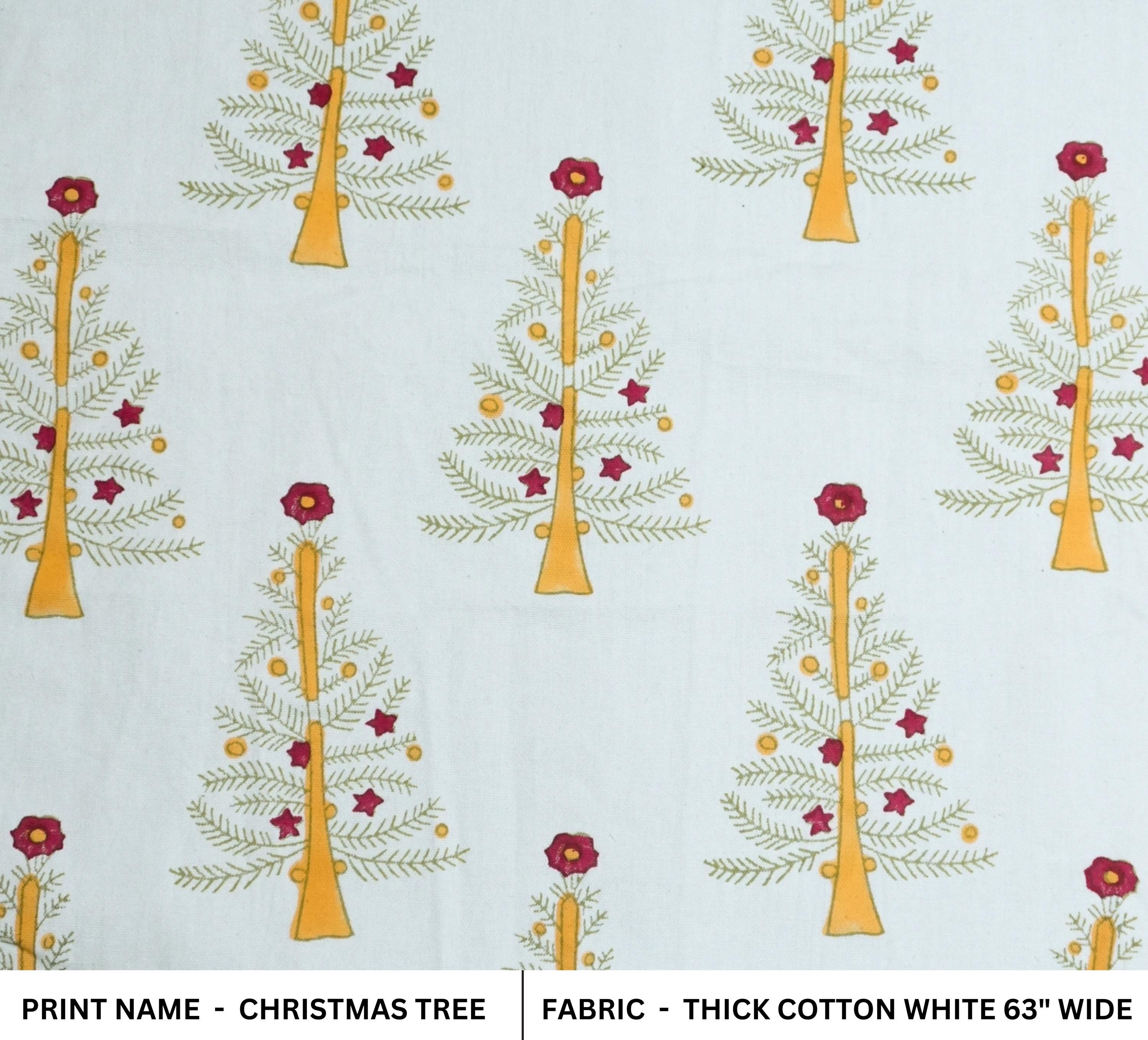 HAND BLOCK PRINT THICK COTTON WHITE FLORAL YELLOW CURTAIN AND PILLOWS FABRIC - CHRISTMAS TREE