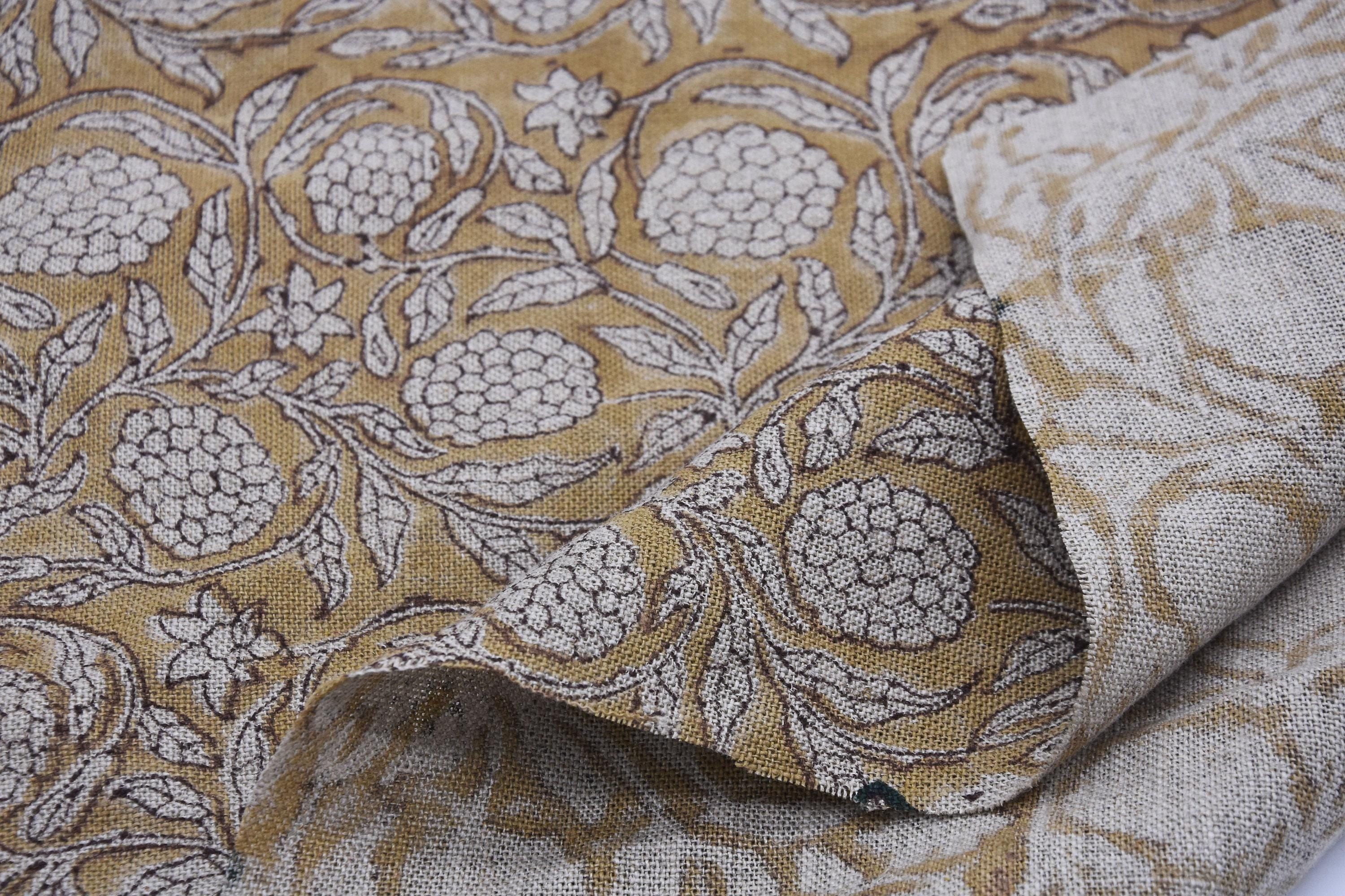 Linen Block Print Fabric 58 Inch Width Heavy Weight Linen Natural Base Color Curtains and Drapes Upholstery Handmade Art Pillow Covers Tablecloths and Runners Bedding Tote Bag Napkins by Fabritual
