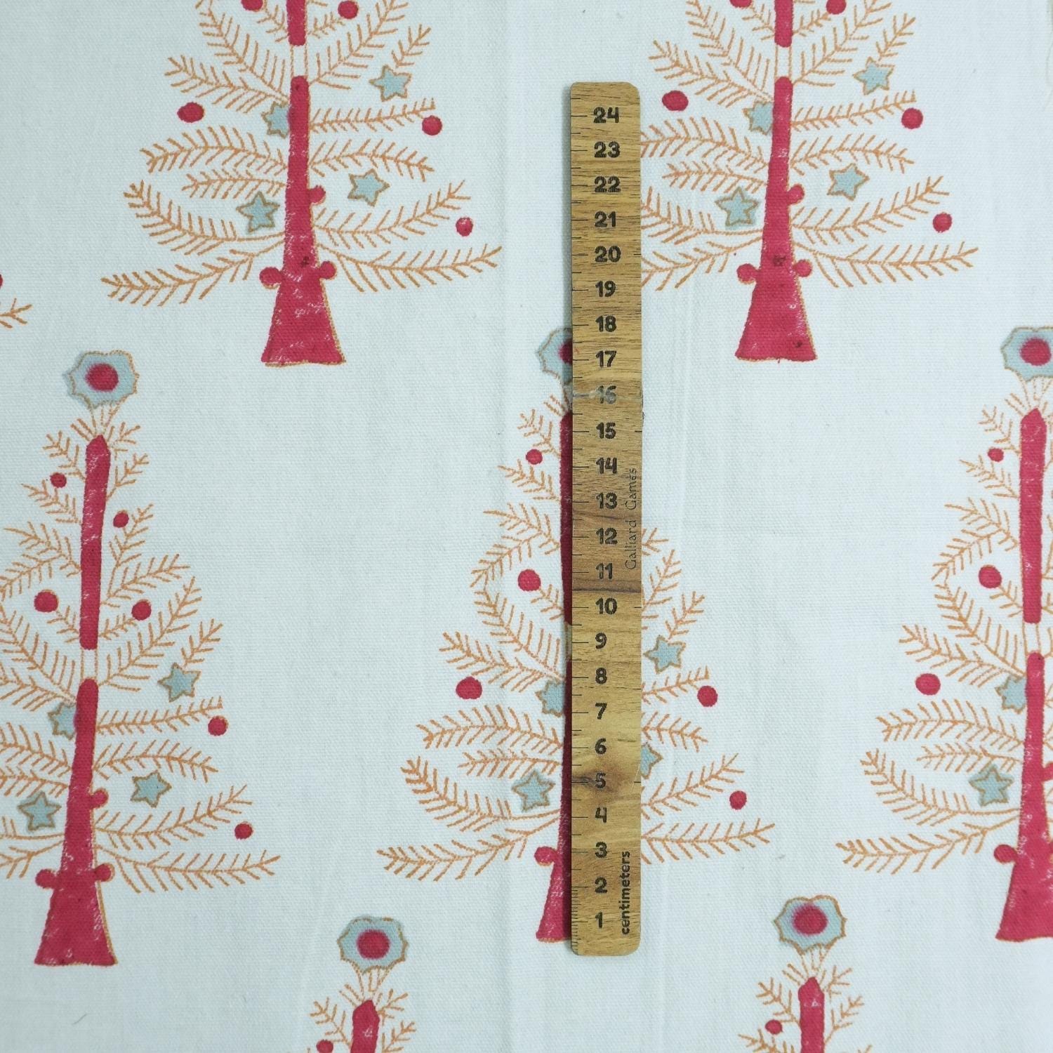HANDMADE RED & YELLOW FLORAL THICK COTTON WHITE BLOCK PRINTED FABRIC FOR CUSHION AND PILLOWCASE - CHRISTMAS TREE