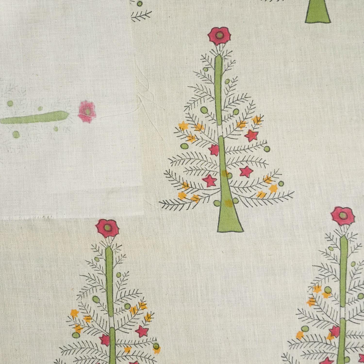 HANDMADE ART BLOCK PRINTED BEDROOM DECOR LINEN BLEND FABRIC GREEN FLORAL - CHRISTMAS TREE