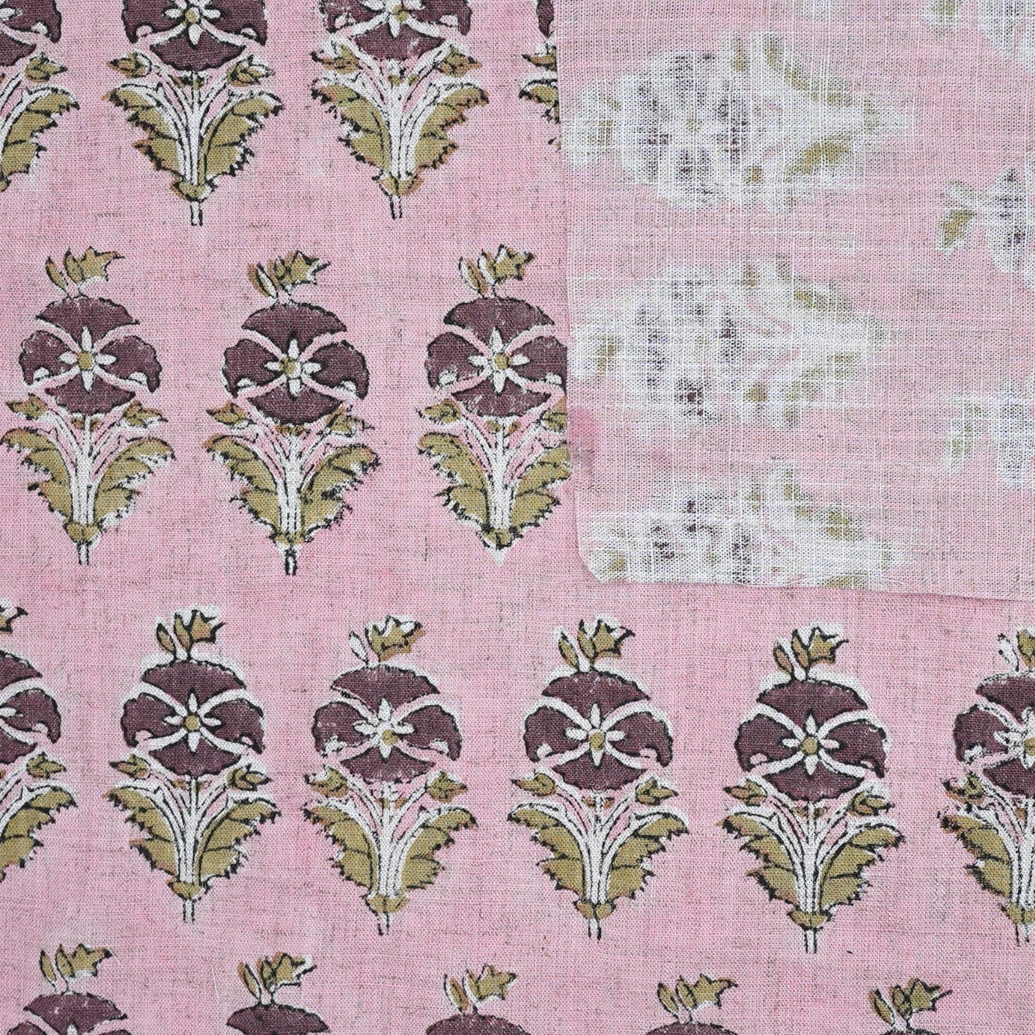 Handcrafted Pink Floral Viscose Linen Fabric Mormukut Design for Decorative Use