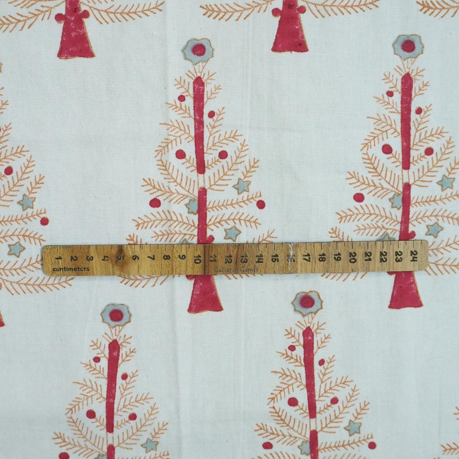 HANDMADE RED & YELLOW FLORAL THICK COTTON WHITE BLOCK PRINTED FABRIC FOR CUSHION AND PILLOWCASE - CHRISTMAS TREE