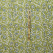 HAND BLOCK PRINTED GREEN FLORAL VISCOSE LINEN FABRIC FOR BOHO DECORATIVE PILLOW - SARASWATI