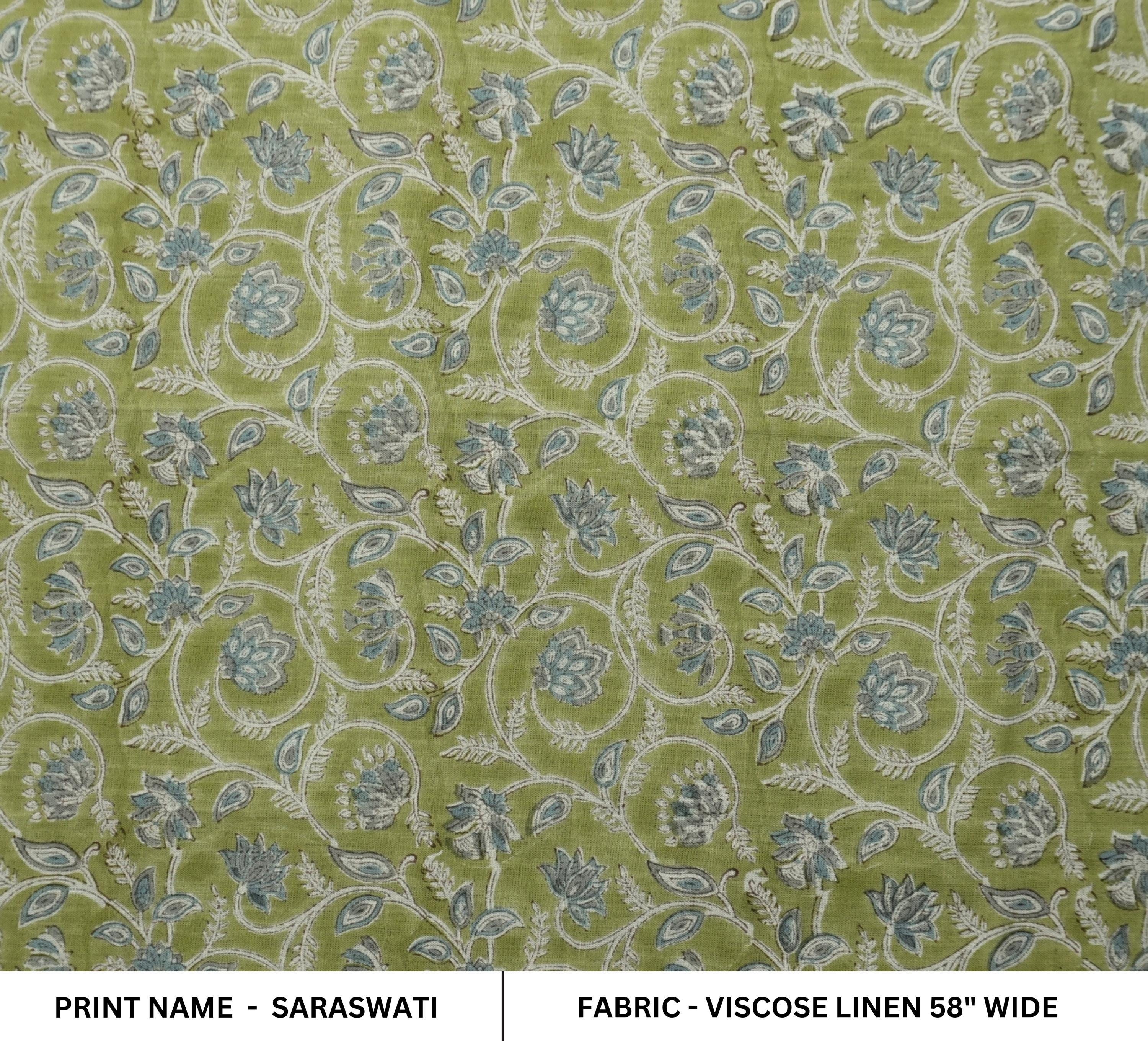 HAND BLOCK PRINTED GREEN FLORAL VISCOSE LINEN FABRIC FOR BOHO DECORATIVE PILLOW - SARASWATI