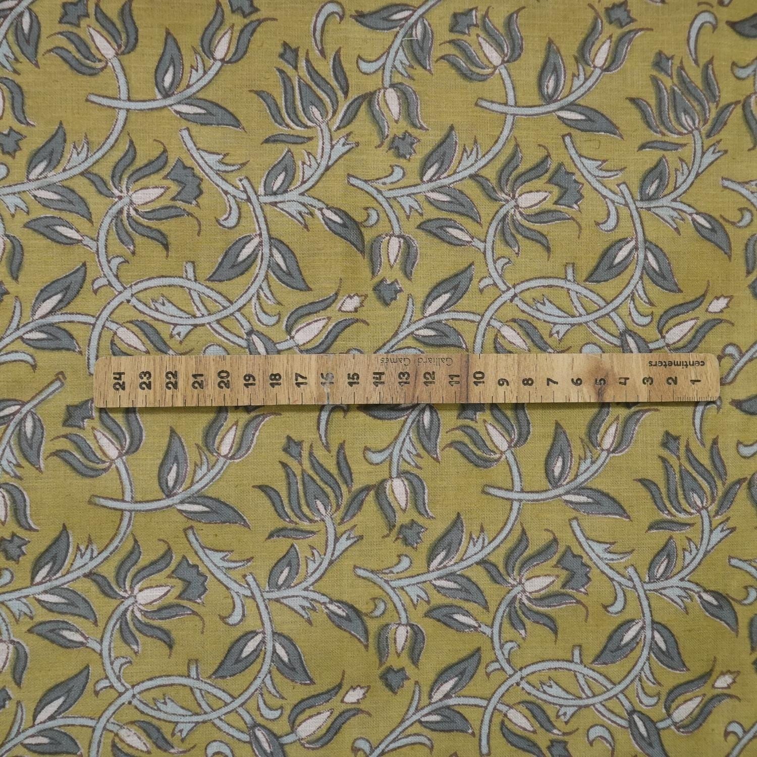 BLOCK PRINTED HANDMADE LINEN BLEND FLORAL FABRIC FOR COUCH AND SOFA CUSHIONS - KAMAL DUTTA