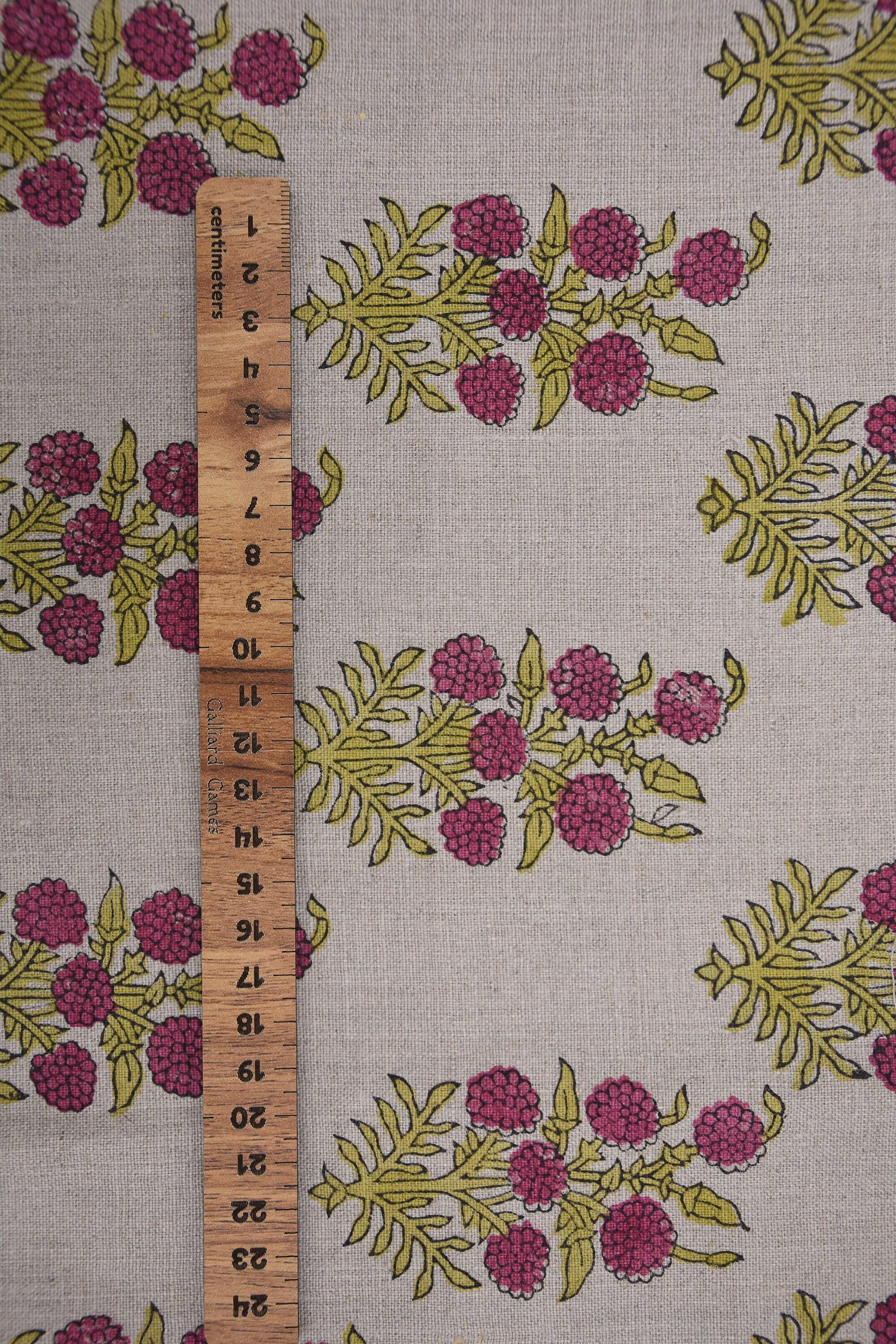 Block Printed Premium Thick Linen Handmade Fabric in Rose Gold and Mustard Big Floral for Tablecloths – HJARA