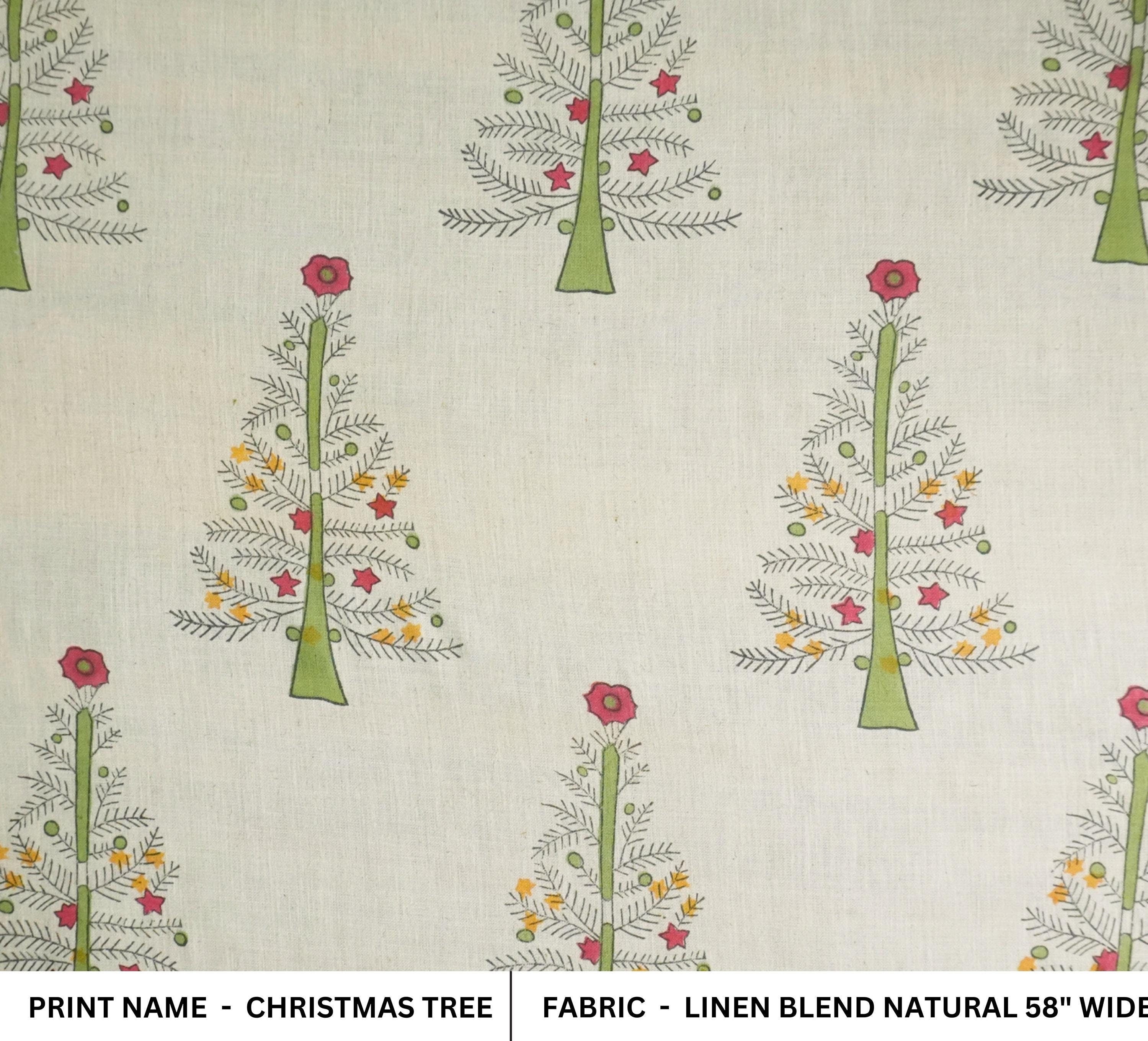 HANDMADE ART BLOCK PRINTED BEDROOM DECOR LINEN BLEND FABRIC GREEN FLORAL - CHRISTMAS TREE