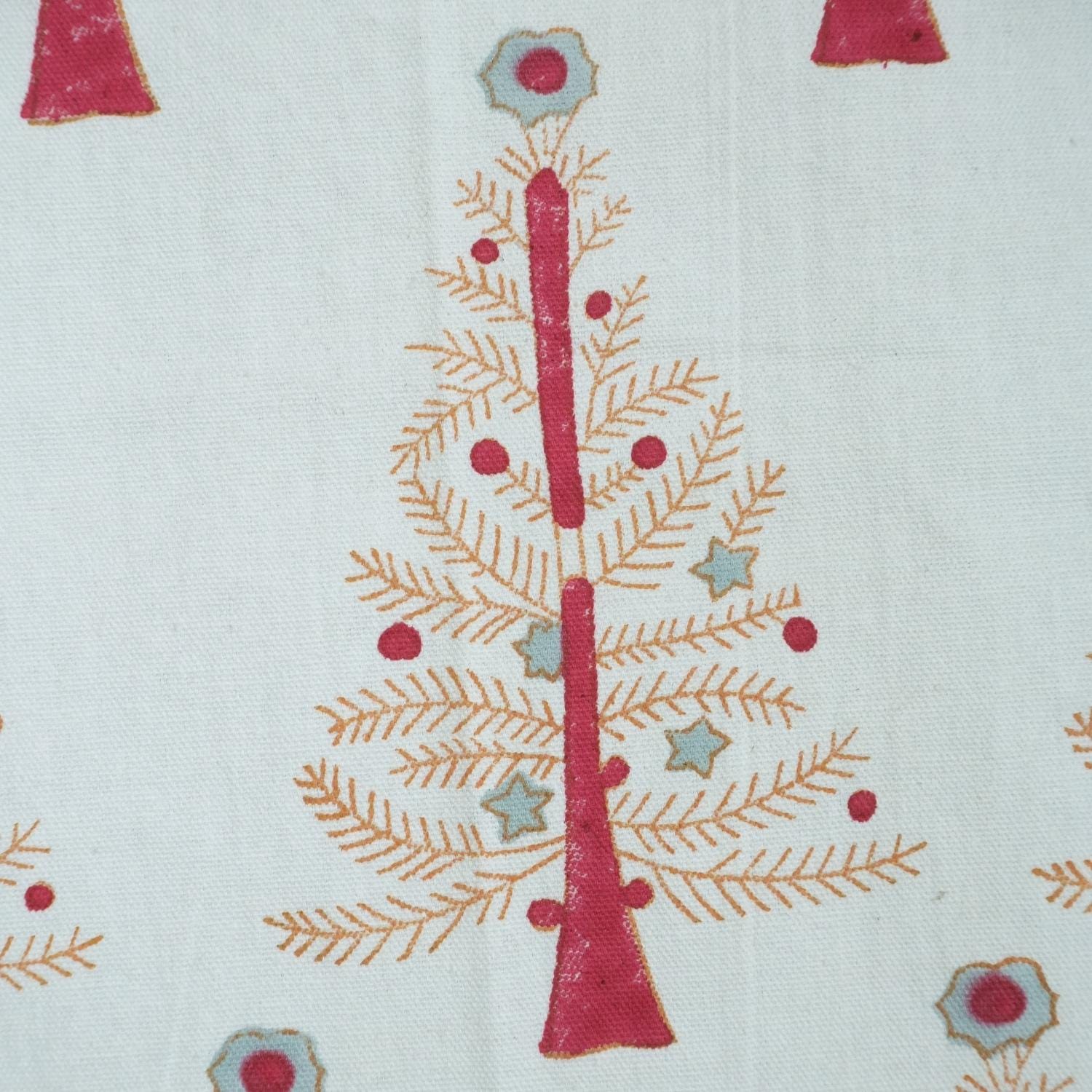 HANDMADE RED & YELLOW FLORAL THICK COTTON WHITE BLOCK PRINTED FABRIC FOR CUSHION AND PILLOWCASE - CHRISTMAS TREE