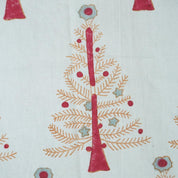 HANDMADE RED & YELLOW FLORAL THICK COTTON WHITE BLOCK PRINTED FABRIC FOR CUSHION AND PILLOWCASE - CHRISTMAS TREE