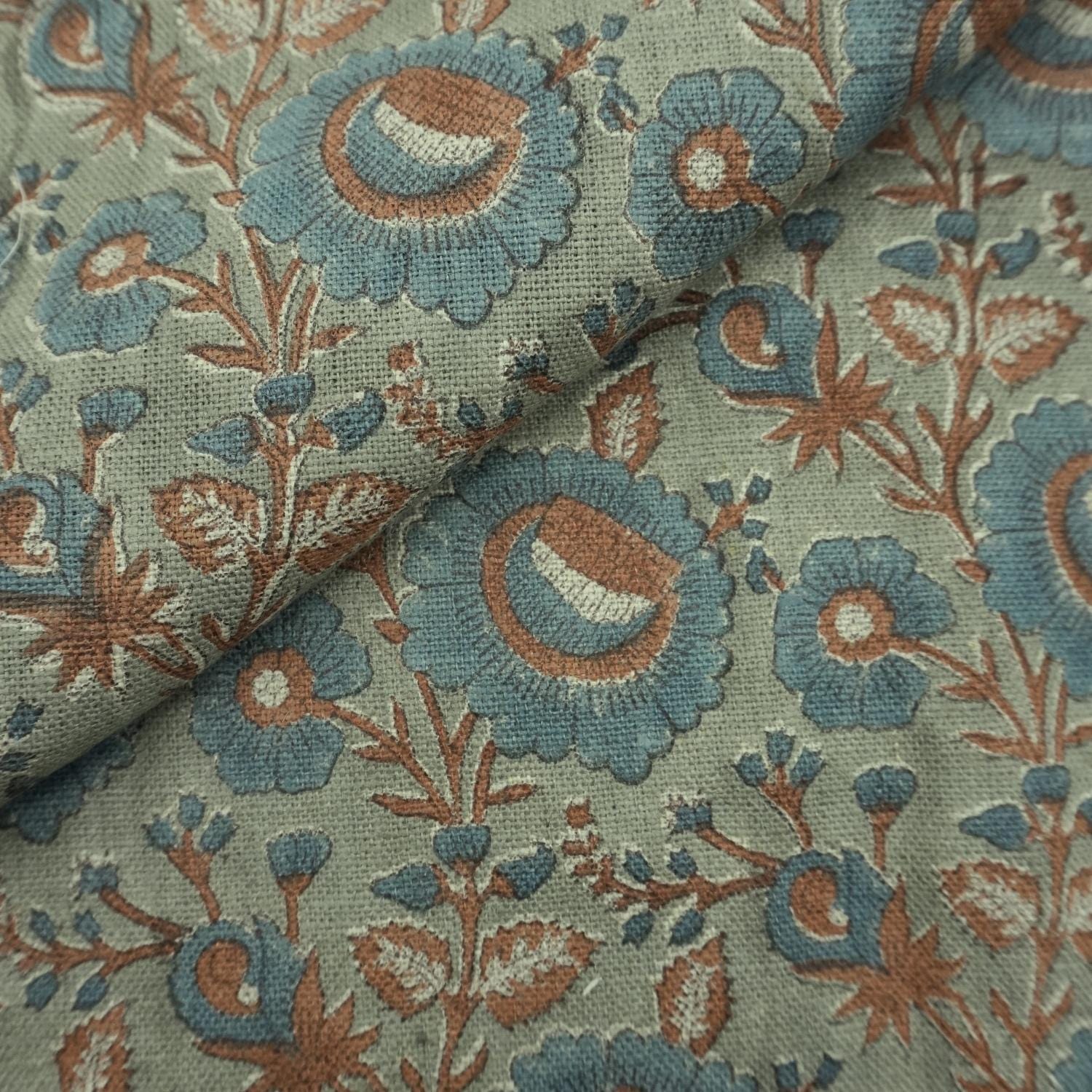 Linen Block Print Fabric 58 Inch Width Heavy Weight Linen Natural Base Color Curtains and Drapes Upholstery Handmade Art Pillow Covers Tablecloths and Runners Lampshades Napkins by Fabritual