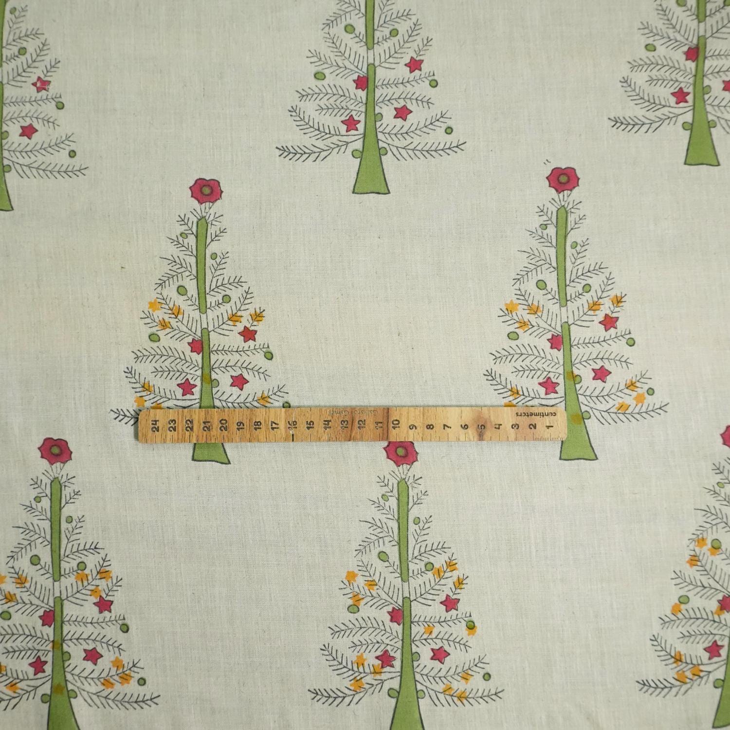 HANDMADE ART BLOCK PRINTED BEDROOM DECOR LINEN BLEND FABRIC GREEN FLORAL - CHRISTMAS TREE