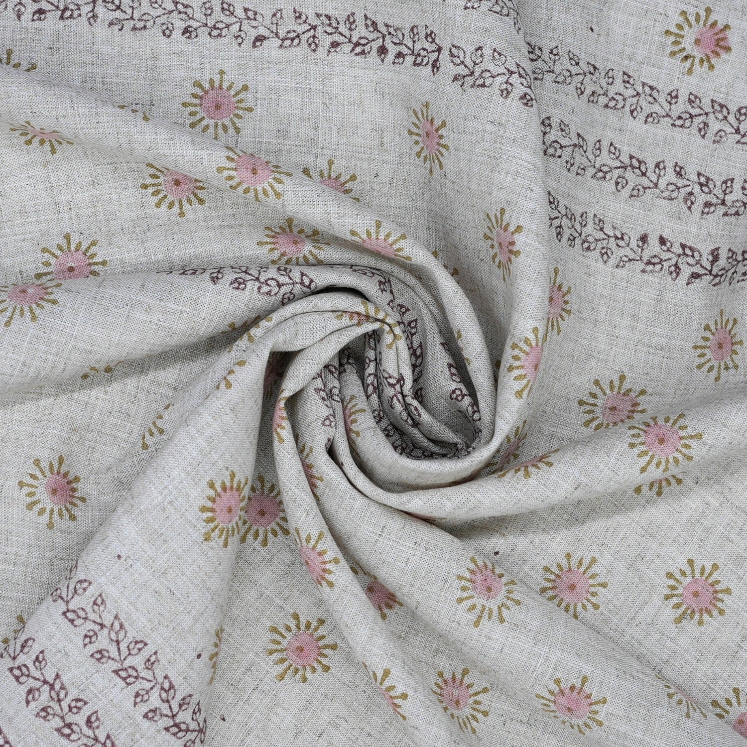 Handmade Pink Floral Viscose Linen Fabric for Cushions & Curtains - Happy Bloom Border