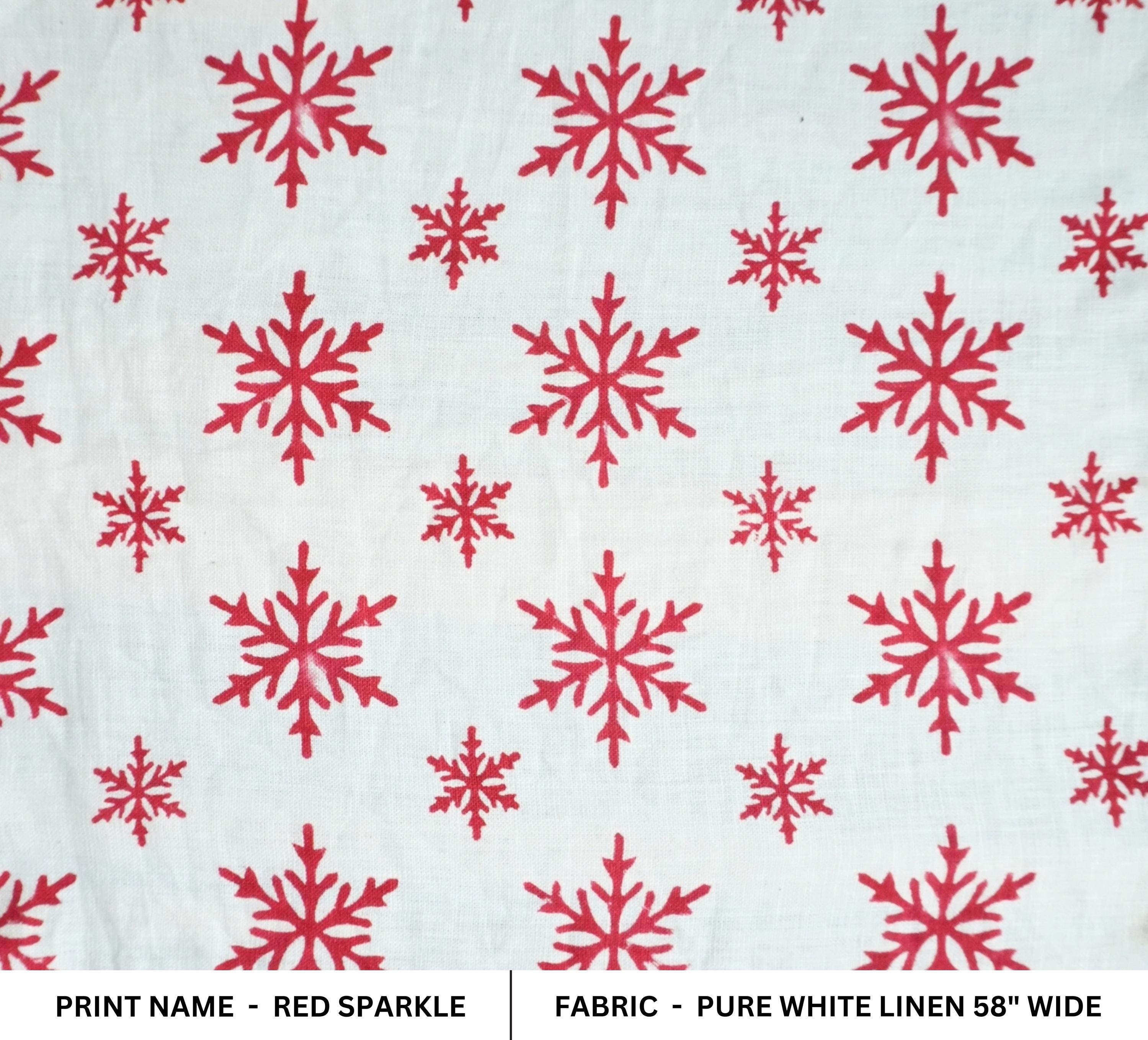 INDIAN HAND BLOCK PRINTED PURE WHITE LINEN FLORAL DECORATIVE FABRIC - RED SPARKLE