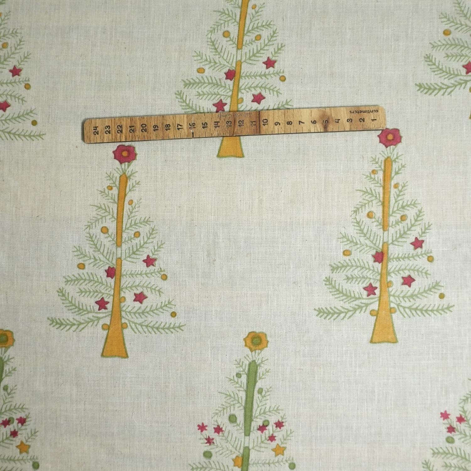 BLOCK PRINTED LINEN BLEND PINK AND GREEN FLORAL HANDMADE DECORATIVE CUSHION FABRIC - CHRISTMAS TREE