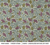 BLOCK PRINT FABRIC FOR TABLE CLOTH GREEN FLORAL HOME DECOR LINEN BLEND NATURAL - THORNY STEMS