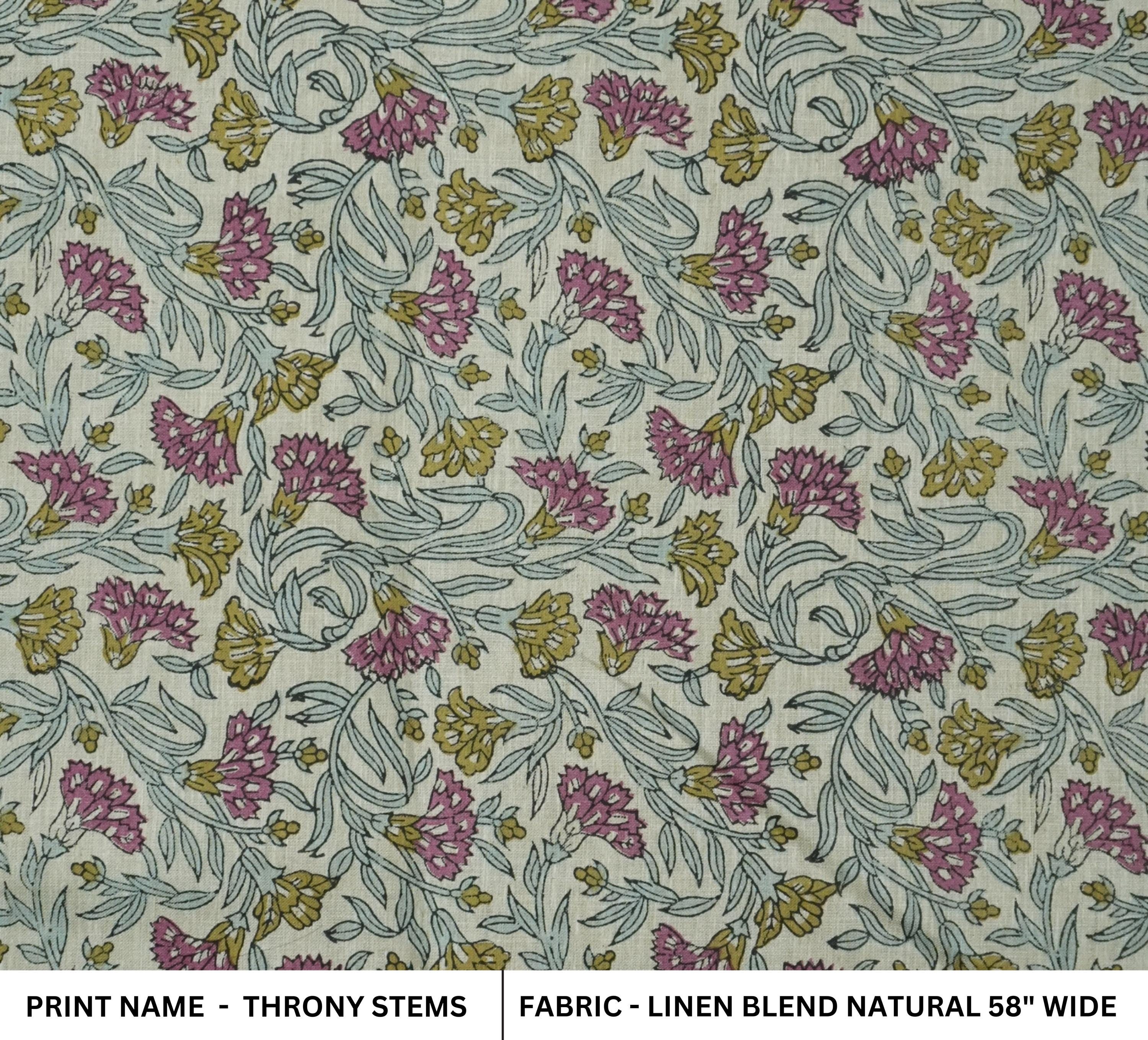 BLOCK PRINT FABRIC FOR TABLE CLOTH GREEN FLORAL HOME DECOR LINEN BLEND NATURAL - THORNY STEMS