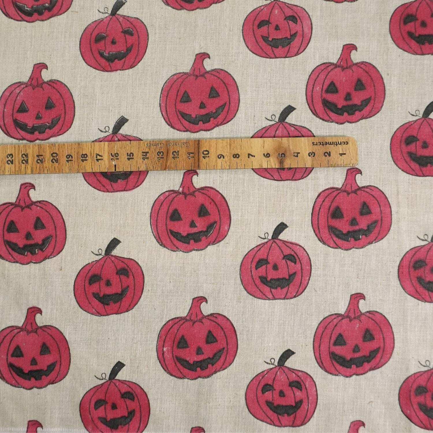 Block Printed Linen Blend Home Decor Fabric for Cushions Pillows and Curtains - RED PUMPKIN