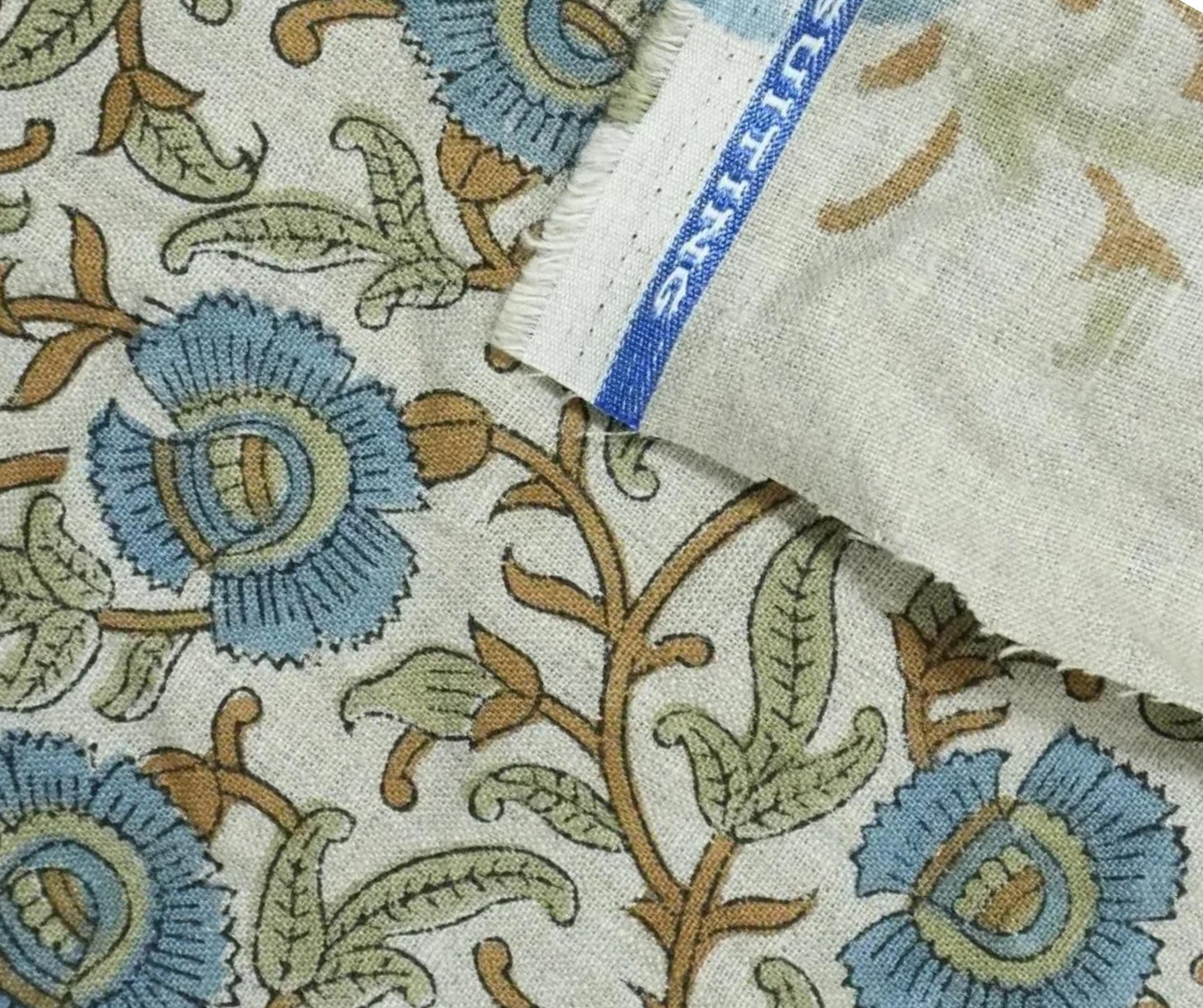 Linen Block Print Fabric 58 Inch Width Medium Weight Linen Natural Base Color Upholstery Handmade Art Pillow Covers Tablecloths and Runners Bedding Tote Bag Lampshades Napkins by Fabritual