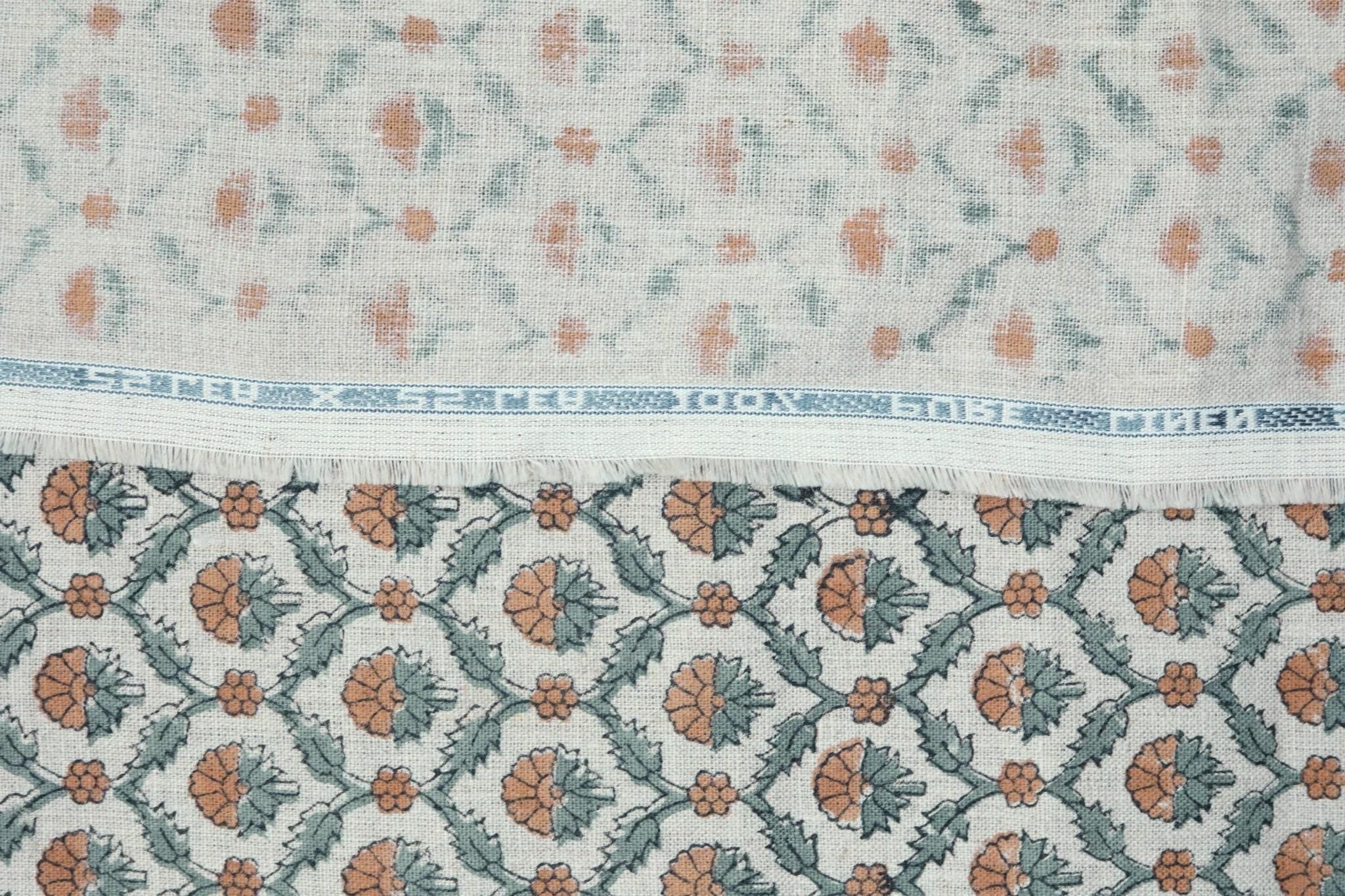 Linen Block Print Fabric 58 Inch Width Medium Weight Linen Natural Base With  Floral Color Curtains and Drapes Upholstery Pillow Covers Tablecloths and Runners Bedding Tote Bag Lampshades Napkins by Fabritual