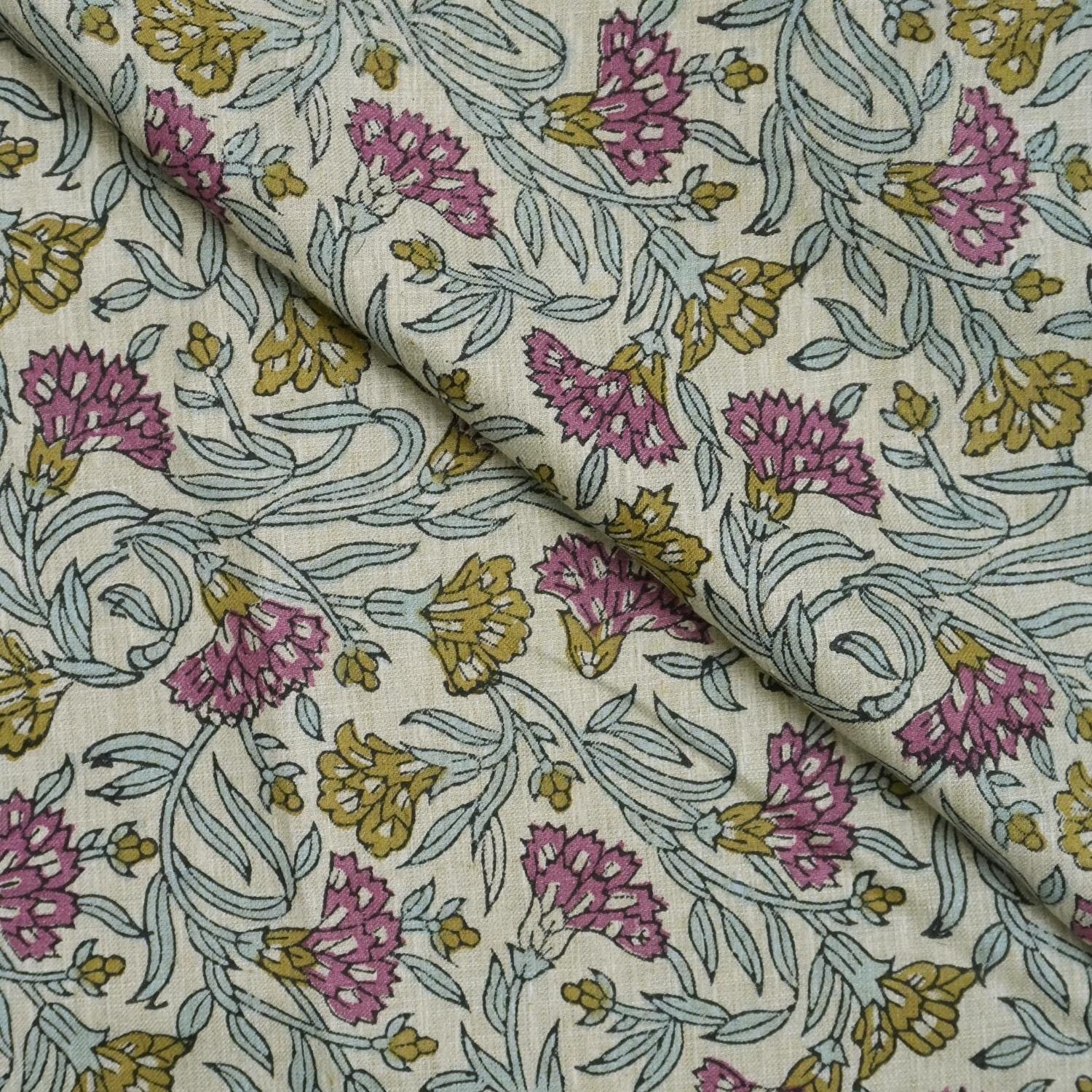 BLOCK PRINT FABRIC FOR TABLE CLOTH GREEN FLORAL HOME DECOR LINEN BLEND NATURAL - THORNY STEMS