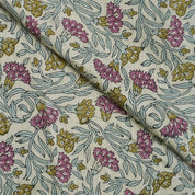 BLOCK PRINT FABRIC FOR TABLE CLOTH GREEN FLORAL HOME DECOR LINEN BLEND NATURAL - THORNY STEMS