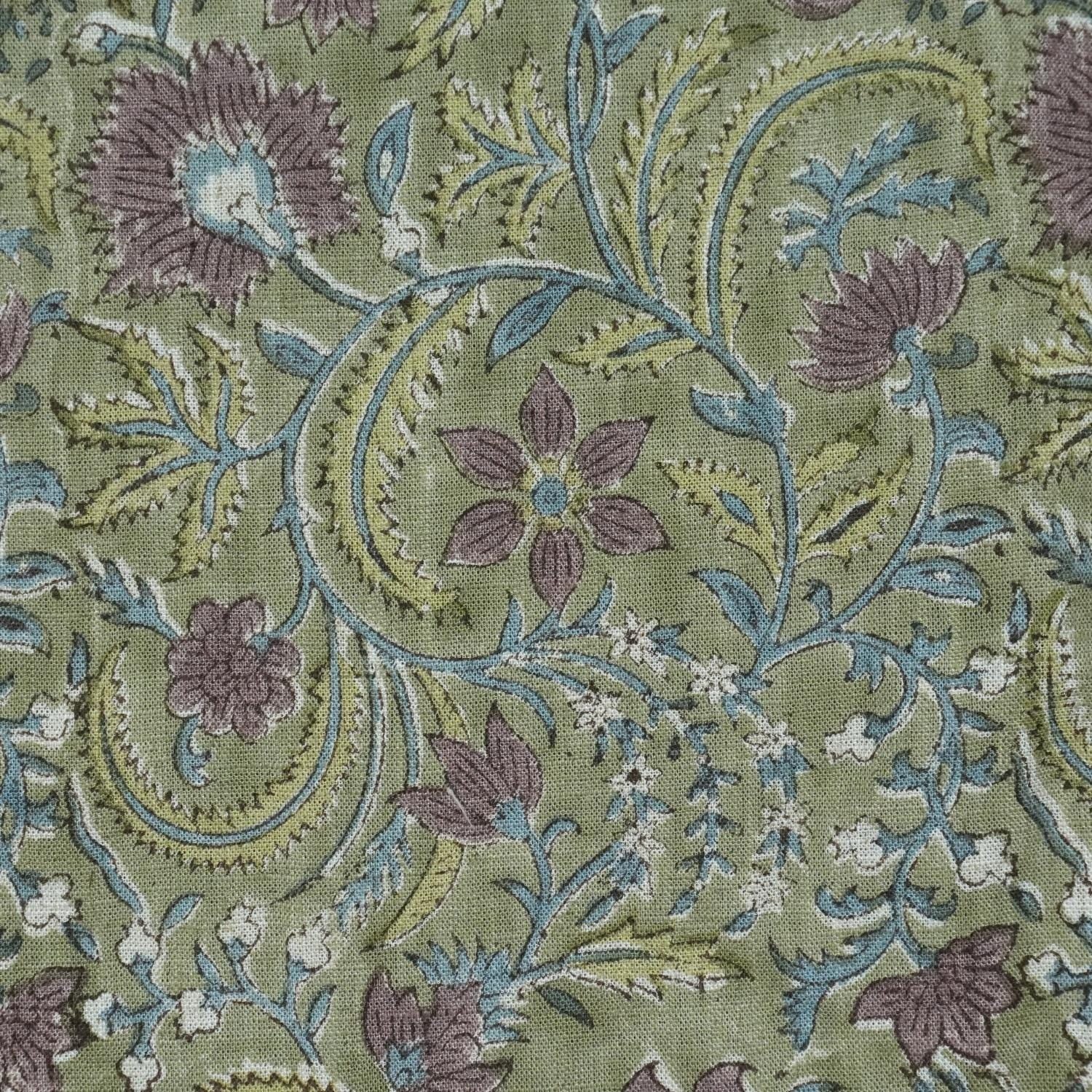 HANMADE BLOCK PRINTED ROSE GOLD AND GREEN FLORAL VISCOSE LINEN CUSHION FABRIC - KUNDANVAN