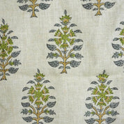Handcrafted Pure Linen Green and Gray Leaf Floral Block Printed Fabric in Medium Weight Upholstery for Cushions - GULNAARI